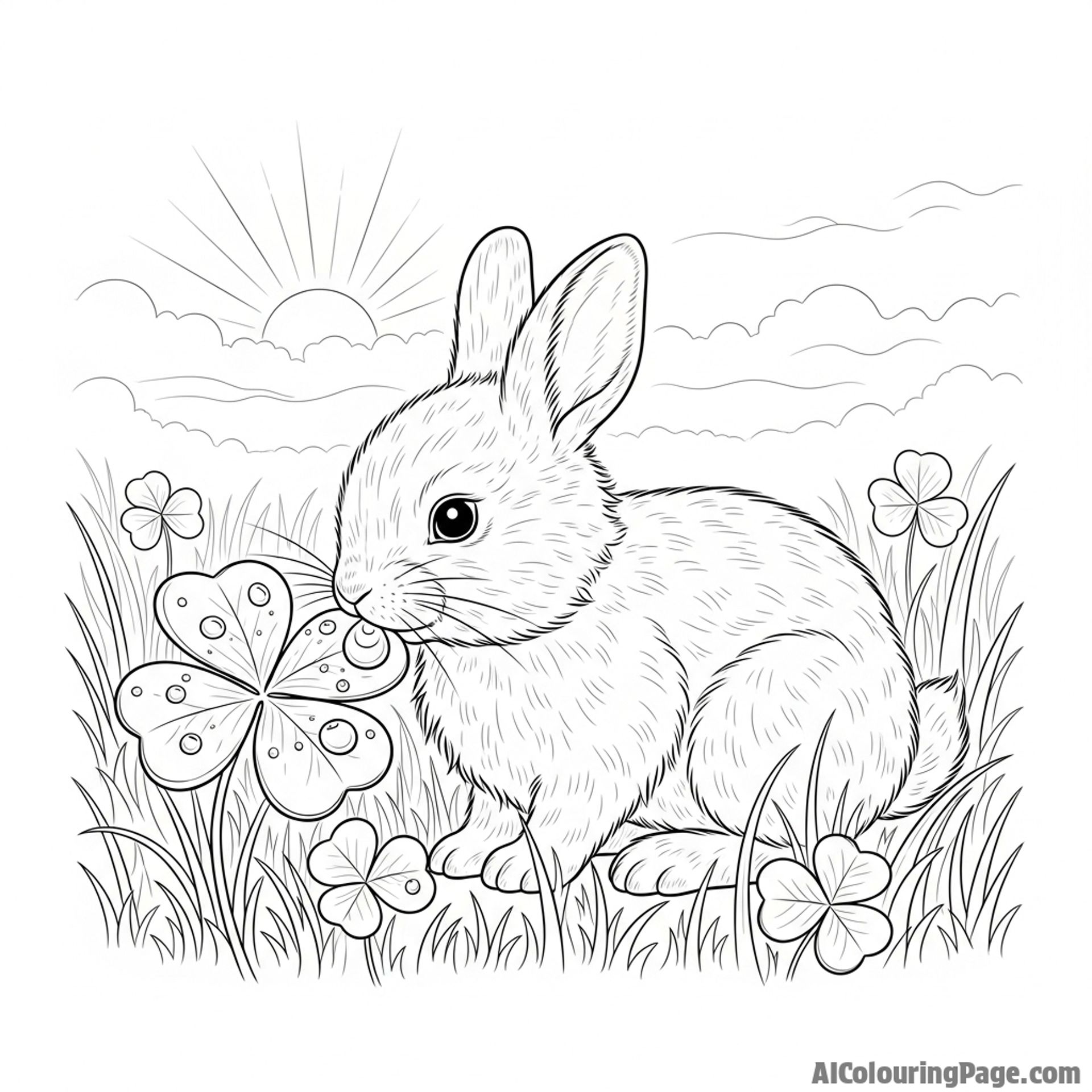 A photorealistic bunny nibbling on a dew-covered clover in a misty morning field.