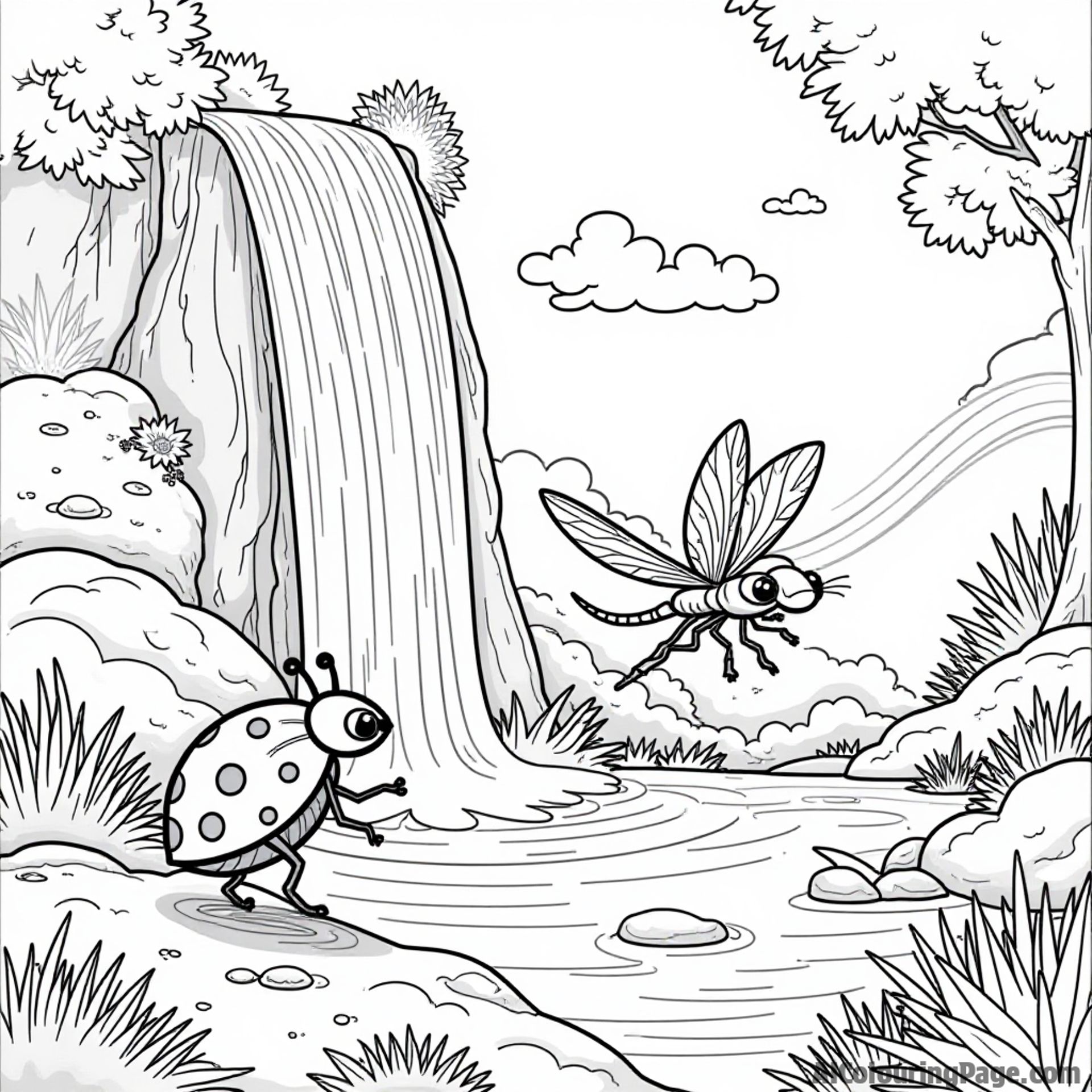 A ladybug and a dragonfly playing tag by a beautiful waterfall, with rainbow sprinkles in the mist.