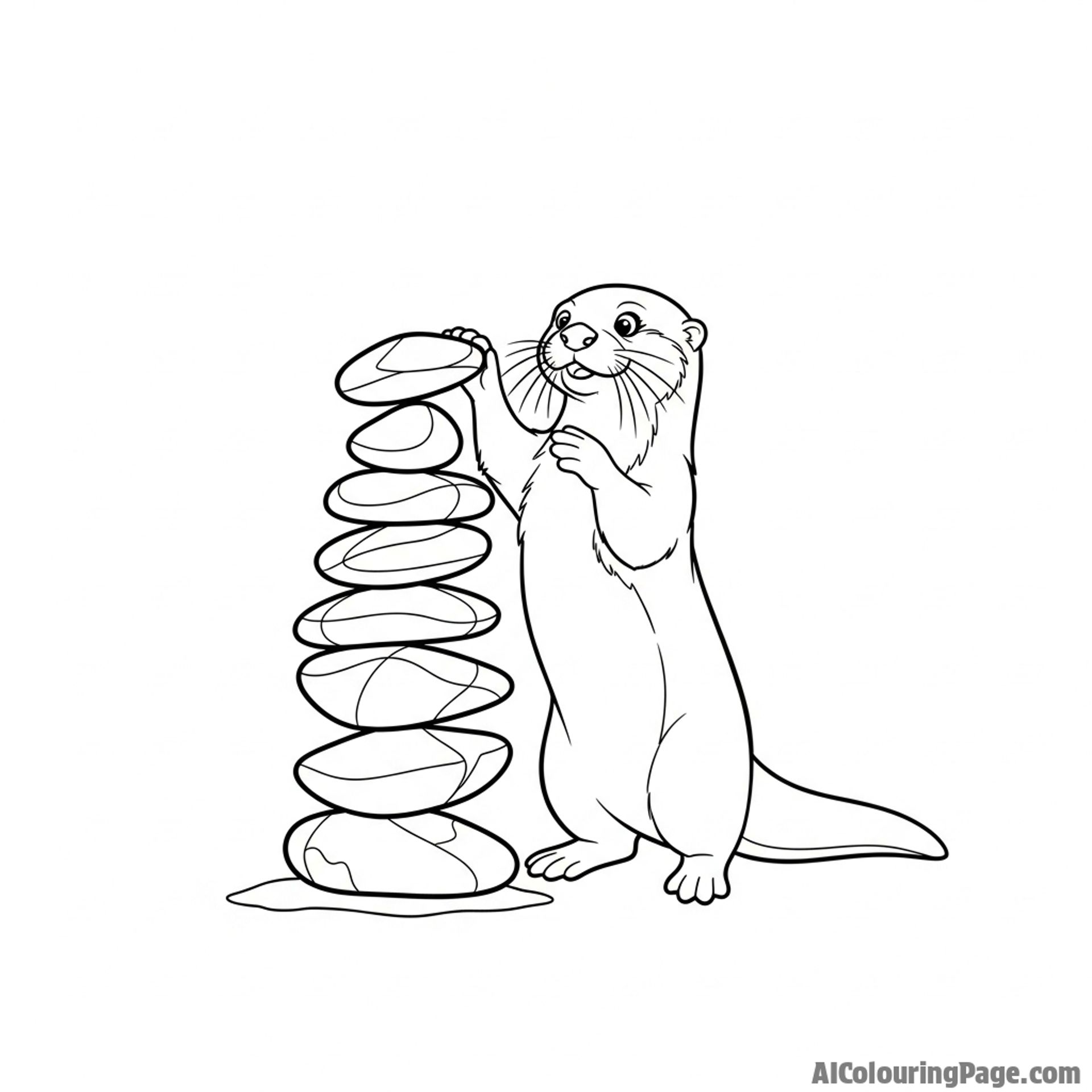 A whimsical scene of an otter attempting to balance a tower of flat stones.