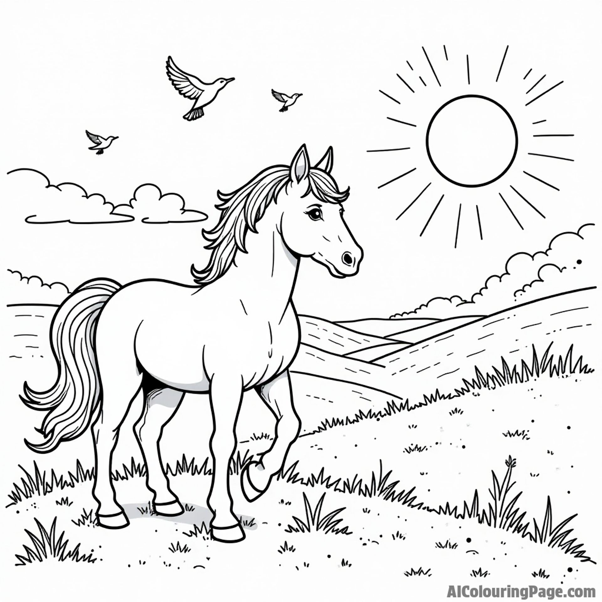 A pony enjoying a magical sunset on a hilltop with colorful birds flying in the distance.