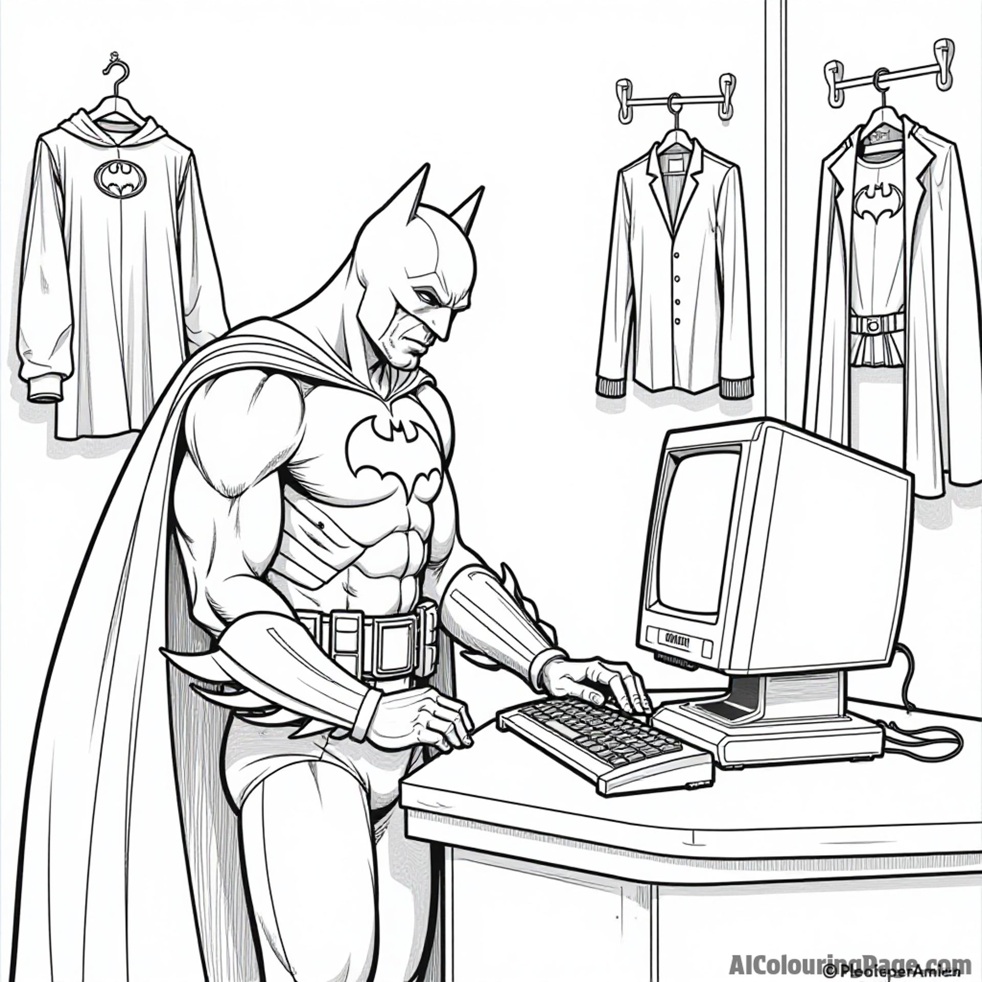 Batman preparing his gadgets in the Batcave with the iconic Batcomputer and various superhero costumes hanging nearby.