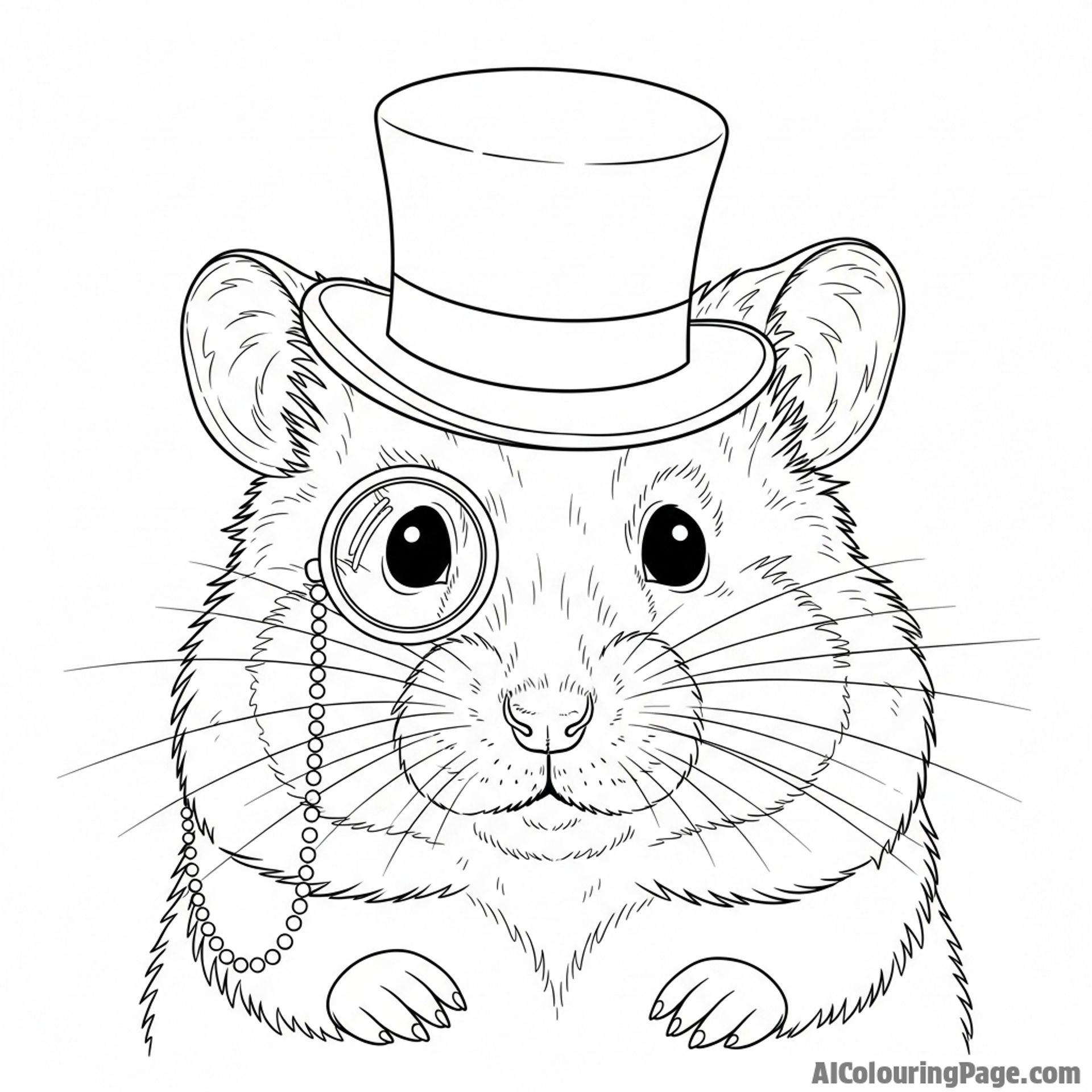 A studio portrait of a hamster wearing a miniature top hat and a monocle