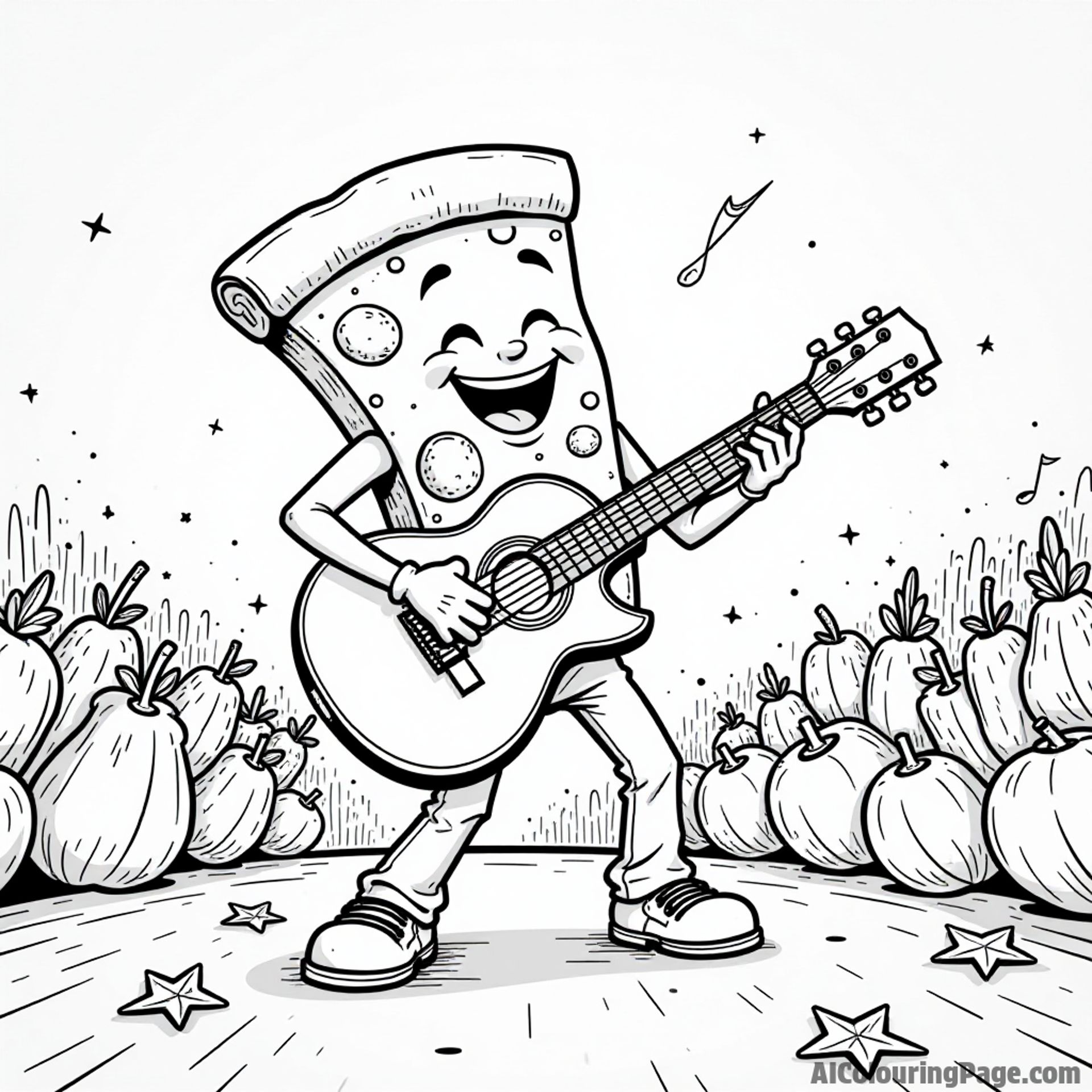 A pizza slice playing the guitar on a stage, with an audience of vegetables cheering, in a fun concert atmosphere.