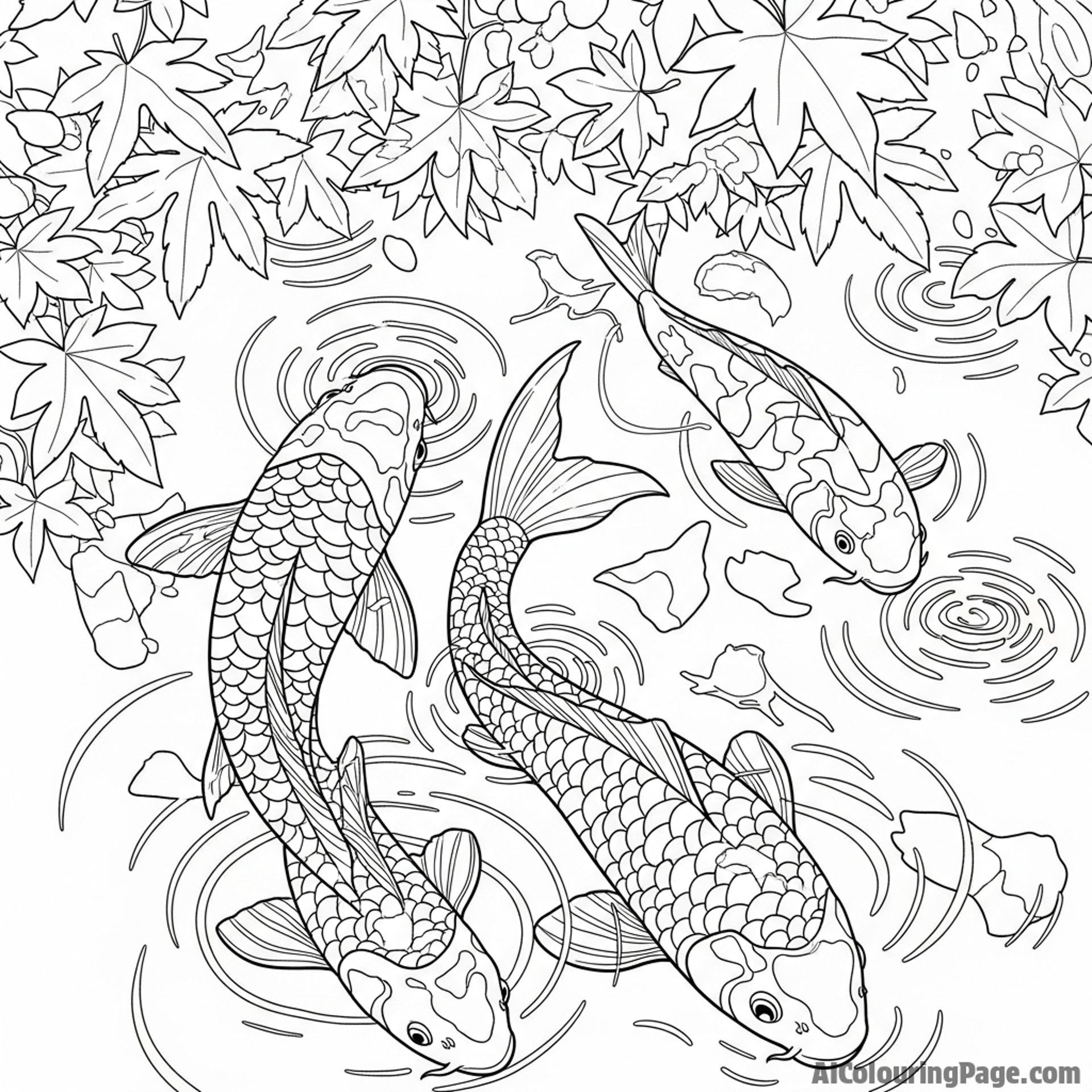 Dappled sunlight through tree leaves creating a shifting, luminous pattern on the backs of koi.