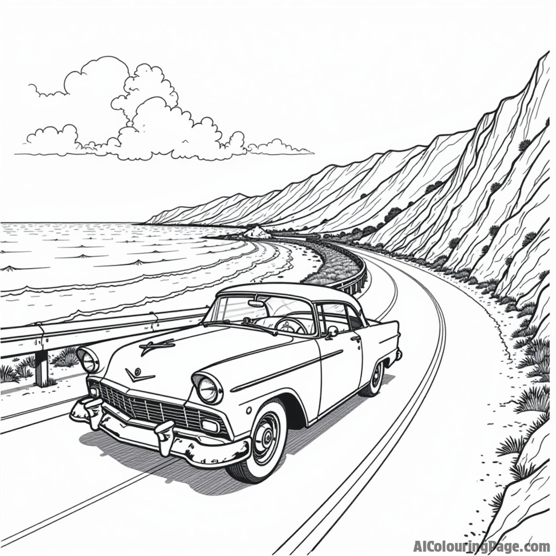 A classic car driving along a scenic coastal highway, with ocean waves and cliffs, capturing the California road trip spirit in black and white.