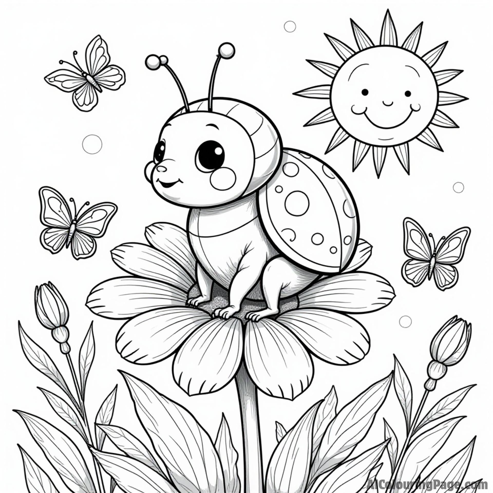 A cheerful ladybug sitting on a large daisy in a sunny garden, with butterflies fluttering around and a smiling sun.
