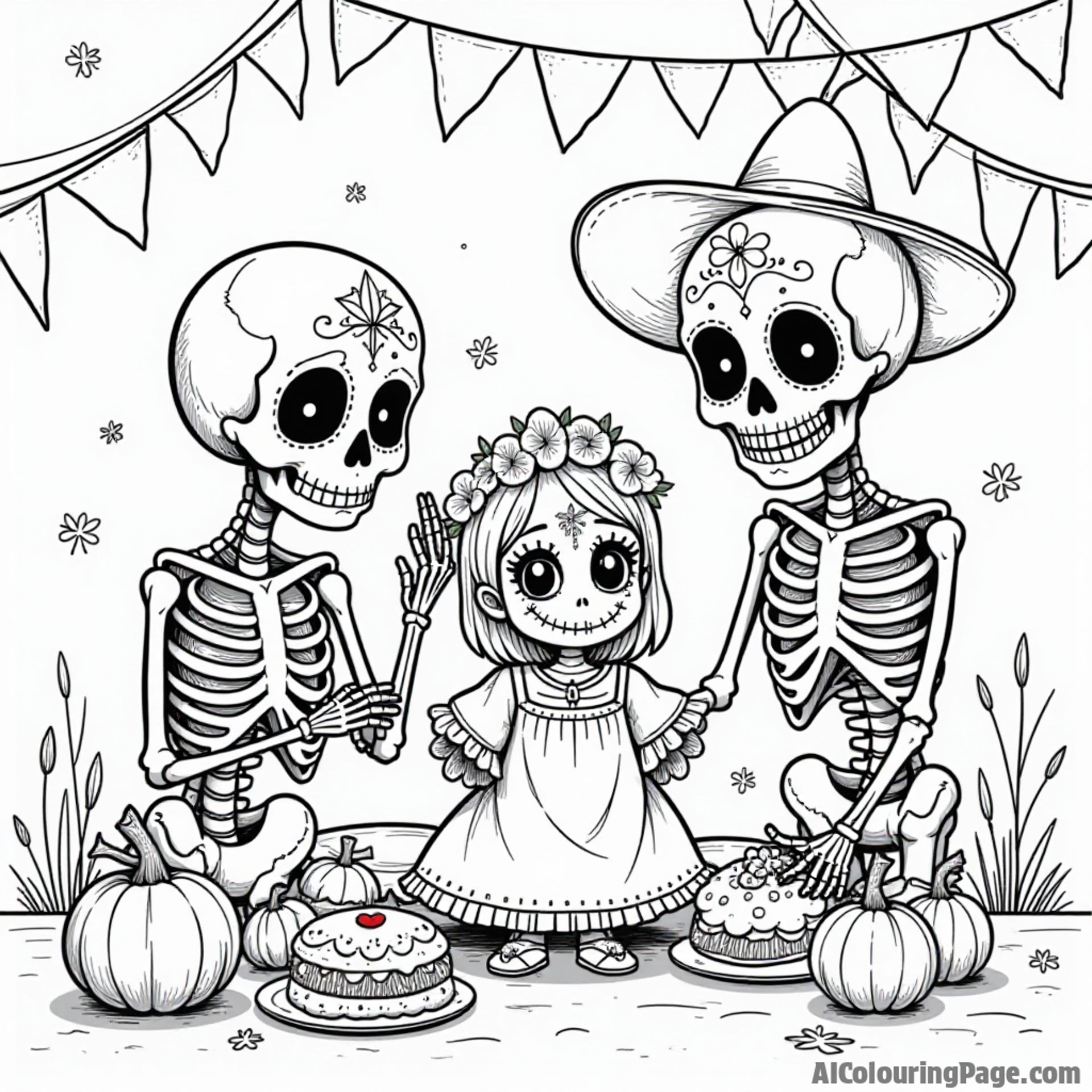 A playful skeleton family preparing for Day of the Dead, with decorations and treats, offering a warm and fun scene for children to color and engage with cultural traditions.