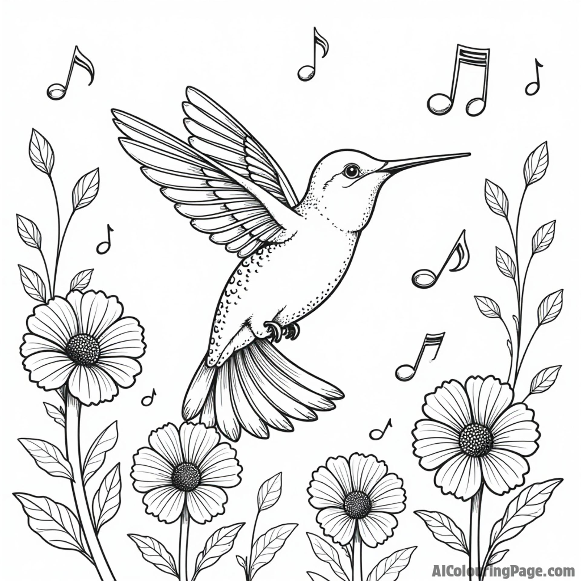 A hummingbird surrounded by musical notes, dancing among flowers in a joyful garden concert.