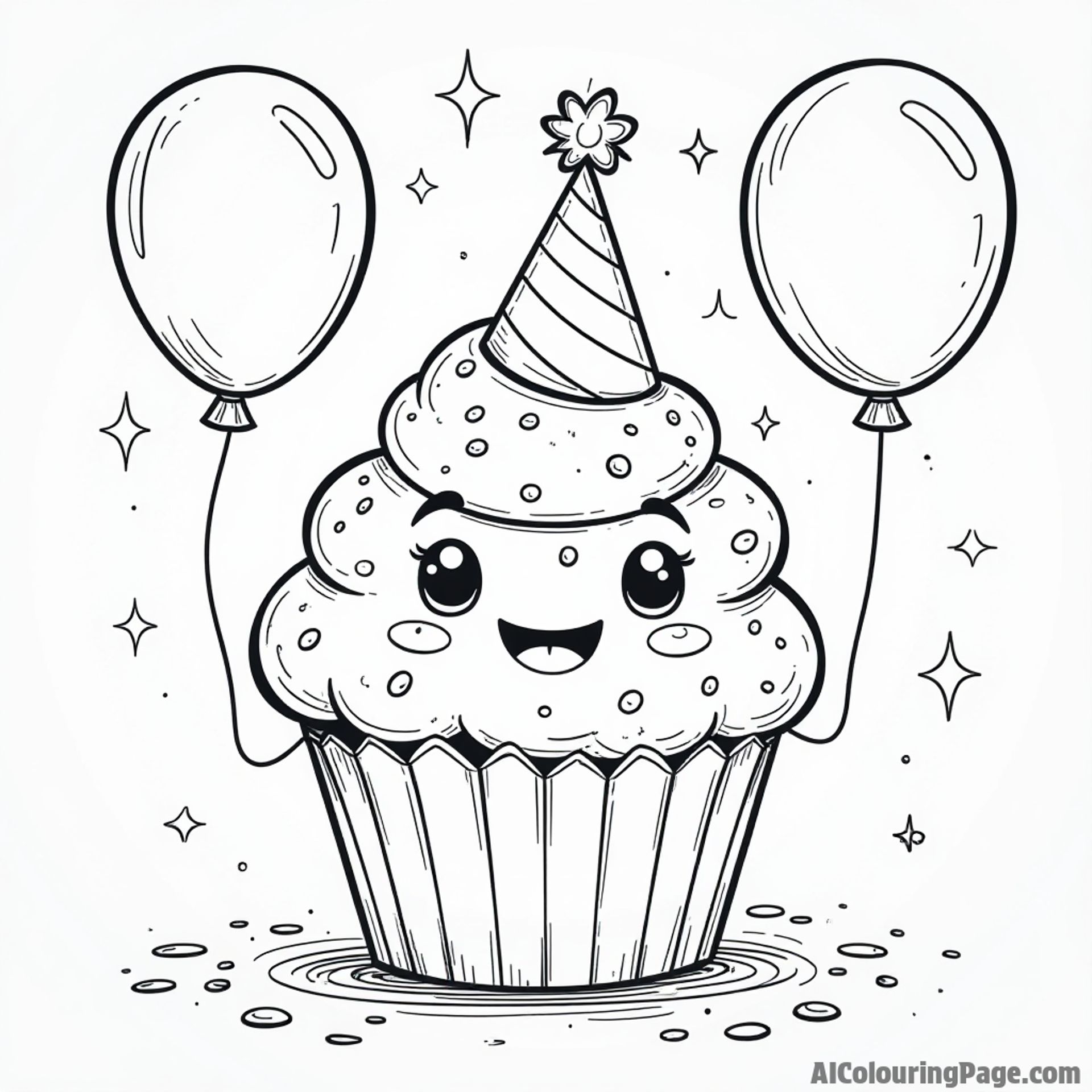 A friendly cupcake character wearing a party hat, surrounded by sprinkles and balloons in a delightful celebration scene.