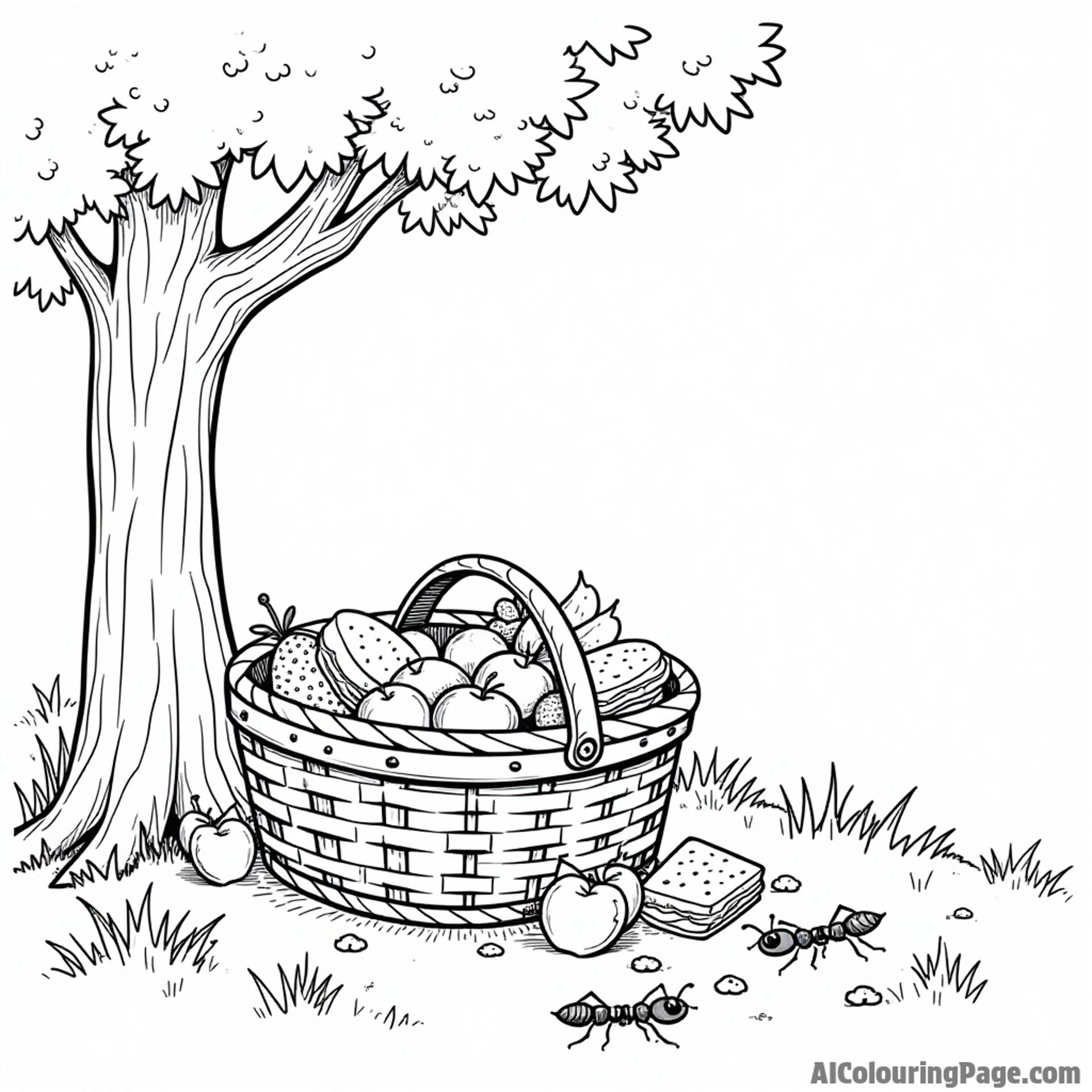 A cheerful picnic basket filled with fruits and sandwiches under a shady tree, with ants marching nearby, ready for summer fun.