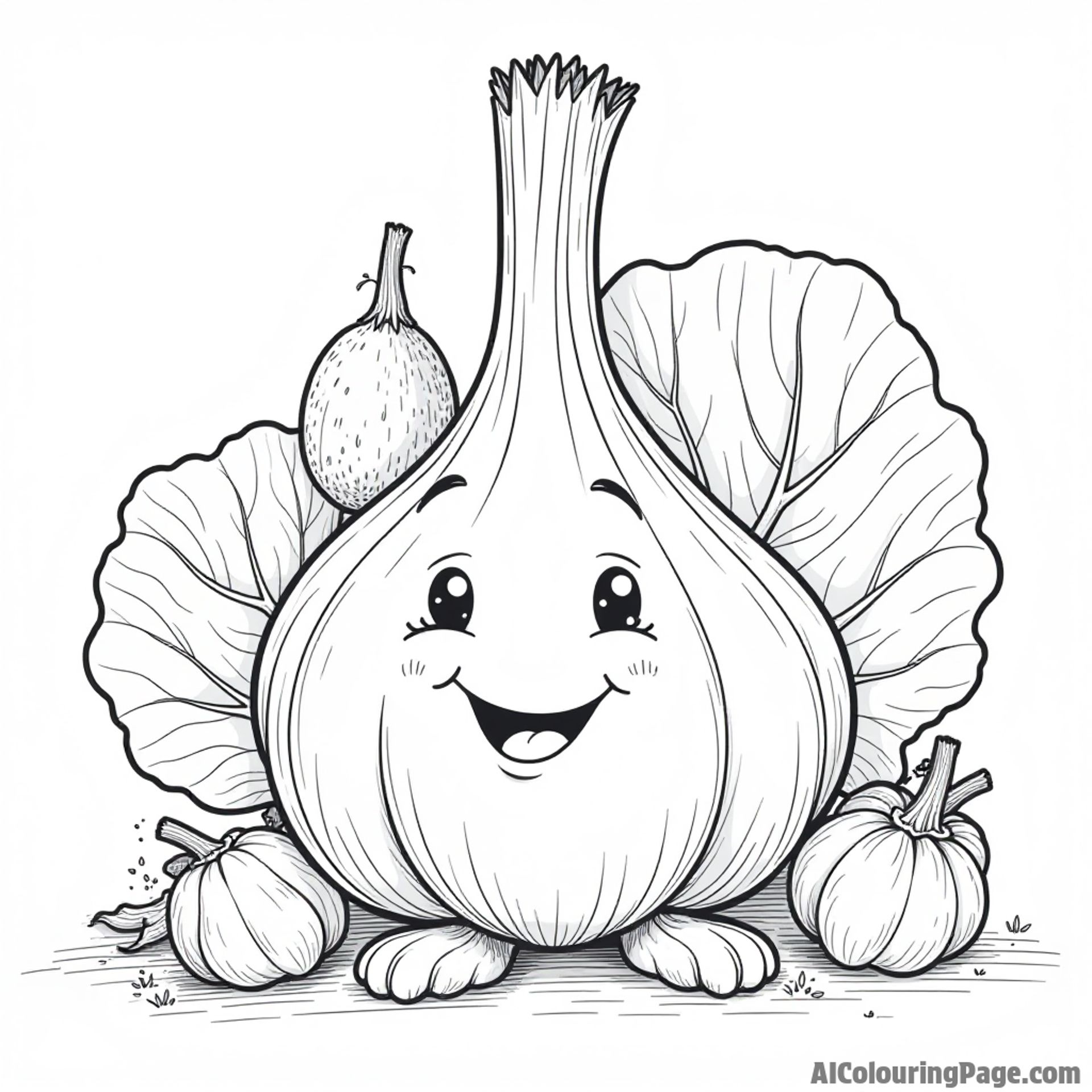 A cheerful garlic bulb playing hide and seek behind lettuce leaves with other vegetables peeking out.