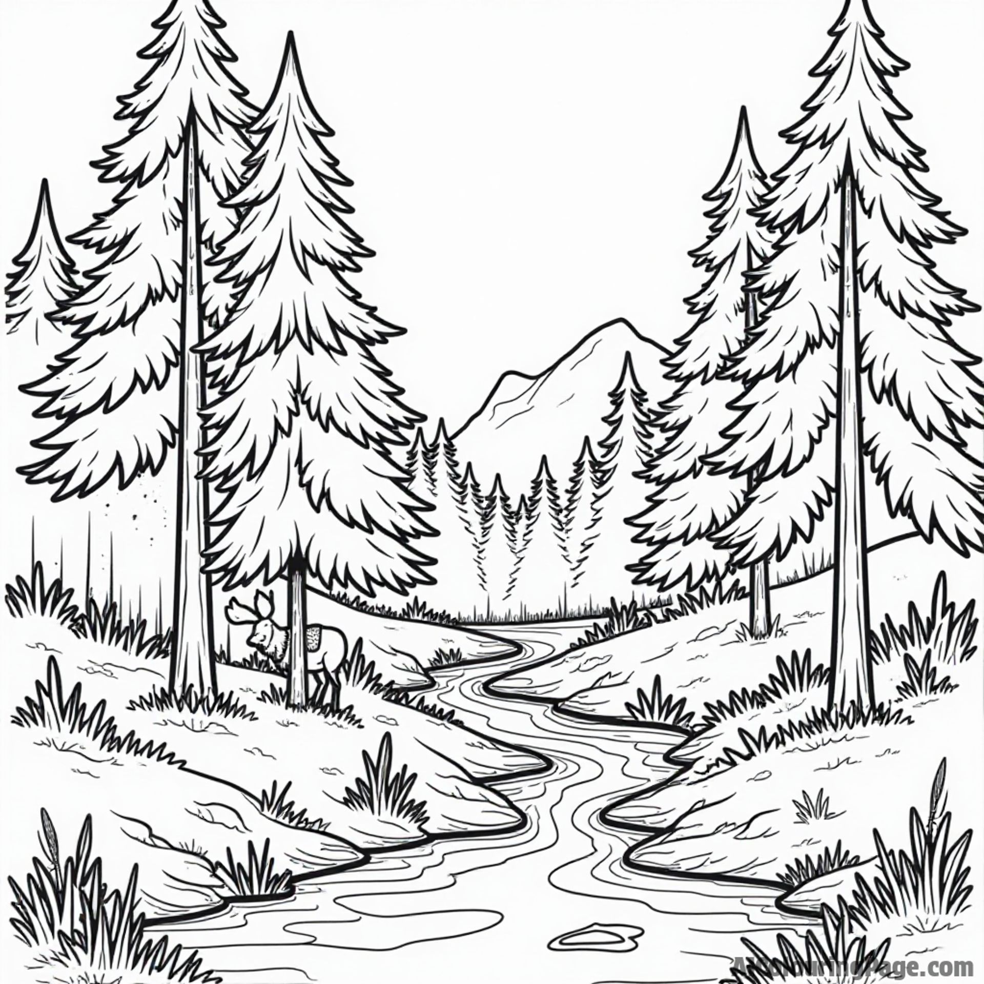 A serene forest scene featuring tall Douglas fir trees, a playful deer, and a bubbling creek, United States coloring pages.