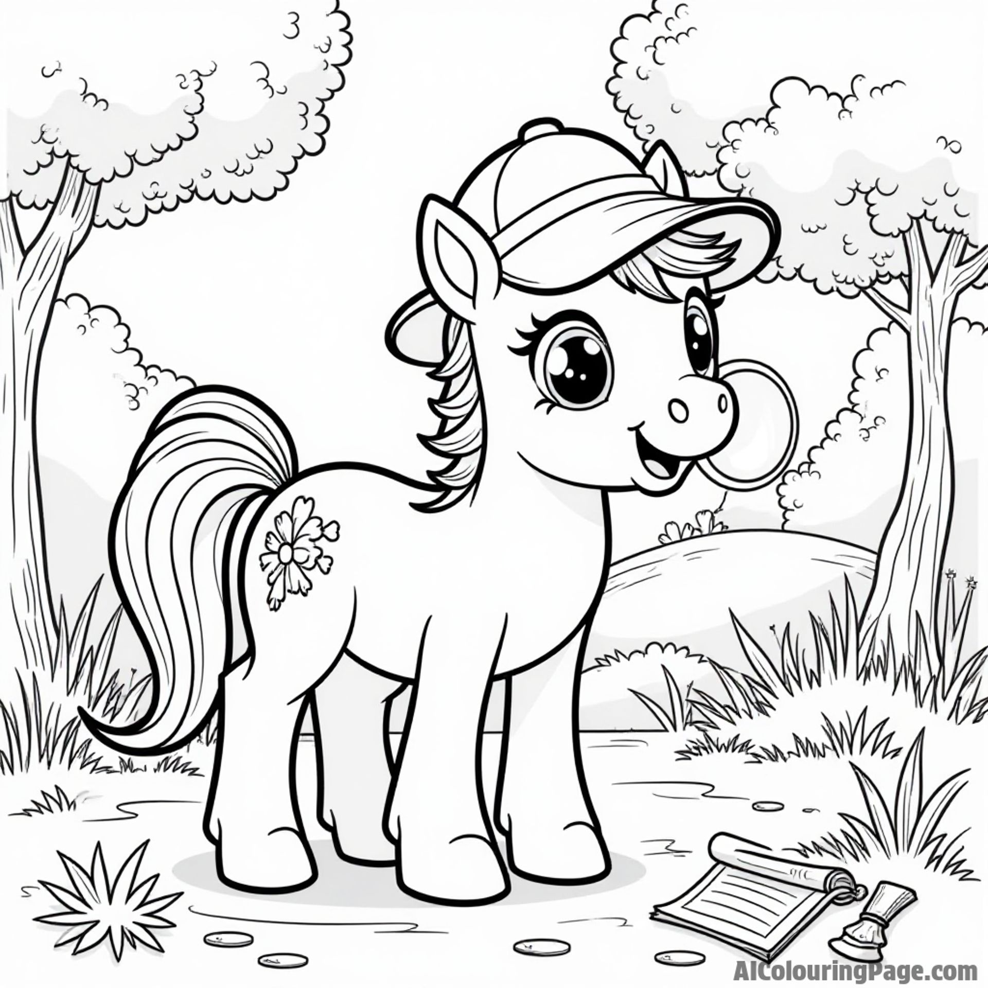 A pony wearing a detective hat searching for clues with a magnifying glass in a playful outdoor setting.