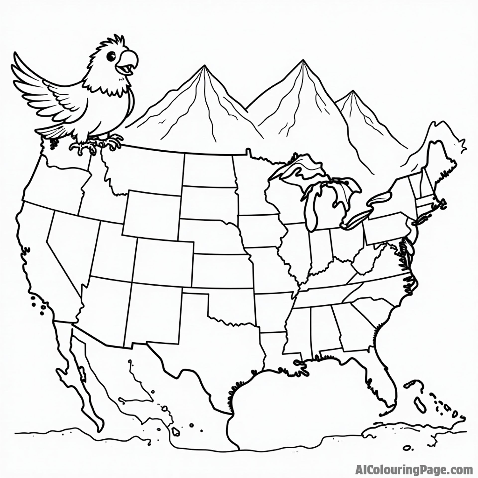 A friendly cartoon map of the United States featuring a smiling eagle, a playful bear, and tall mountains in the background.
