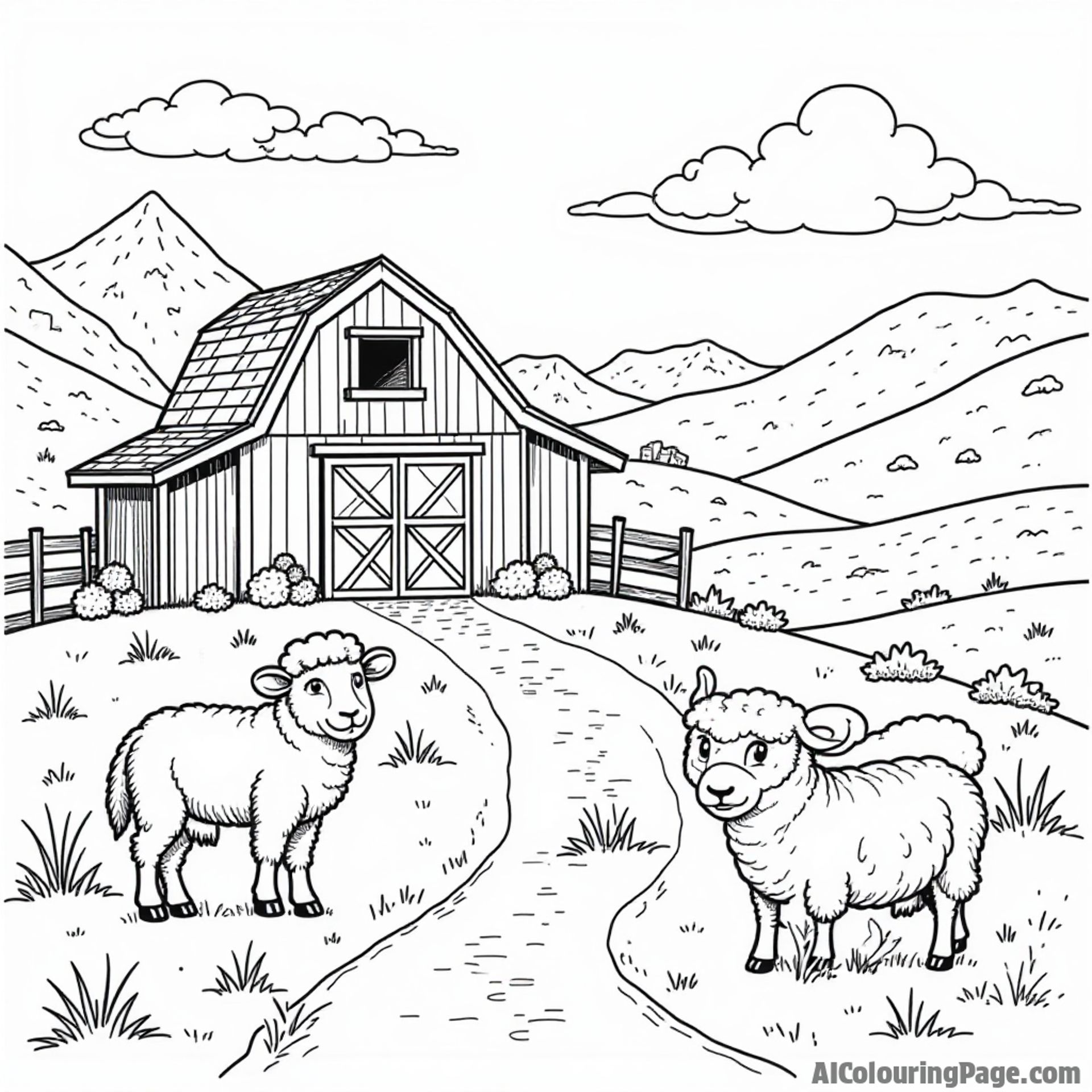 A delightful Utah farm with a cheerful barn, friendly sheep, and rolling hills, perfect for a coloring adventure.