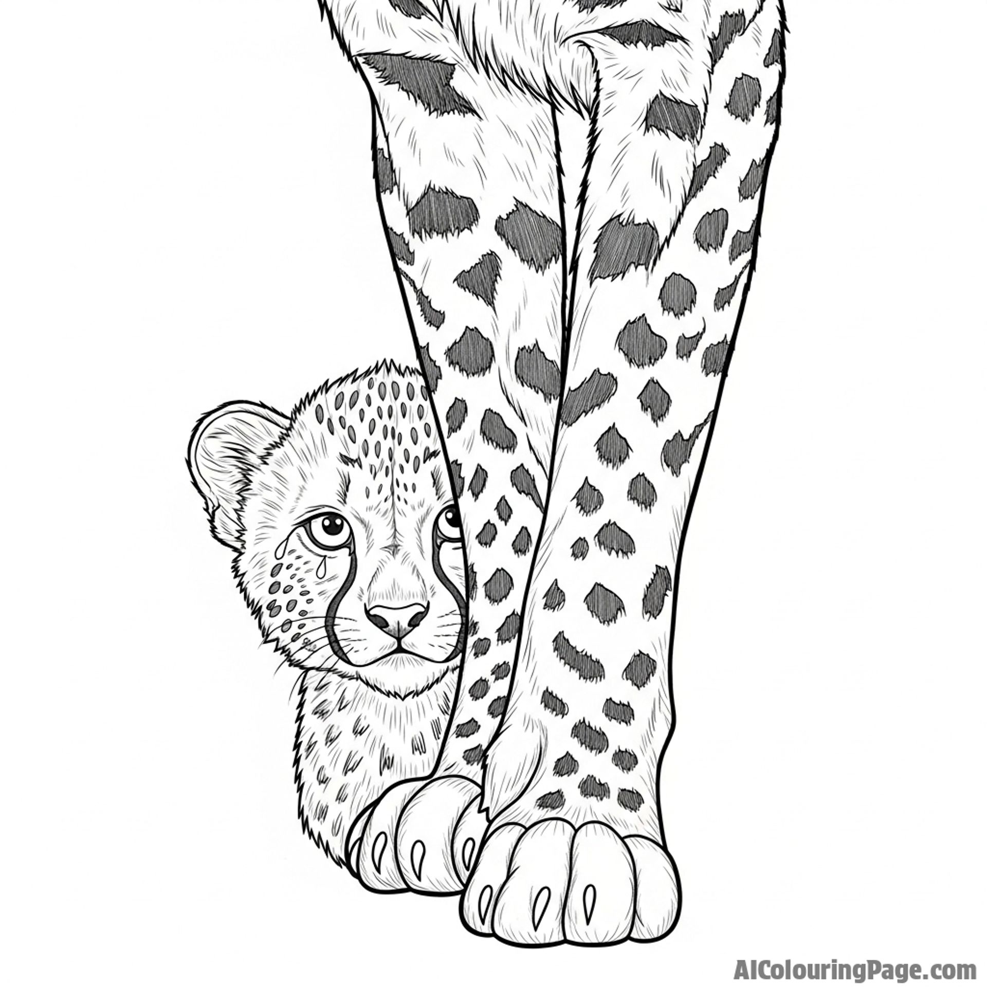 A curious cheetah cub peeking out from behind its mother's protective leg.
