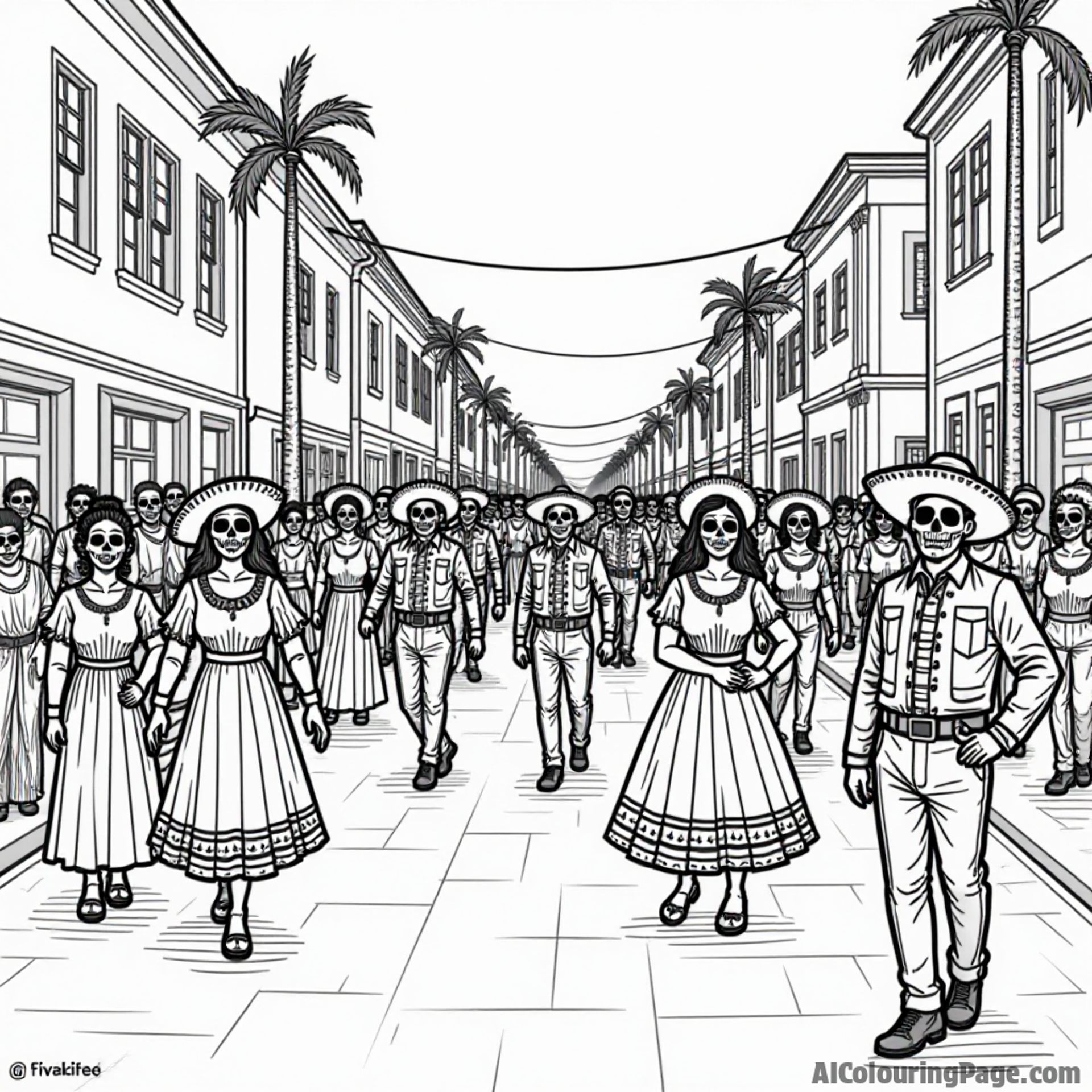 A vibrant Day of the Dead parade featuring colorful floats and dancers in traditional costumes, providing an exciting scene for kids to color while celebrating cultural traditions.
