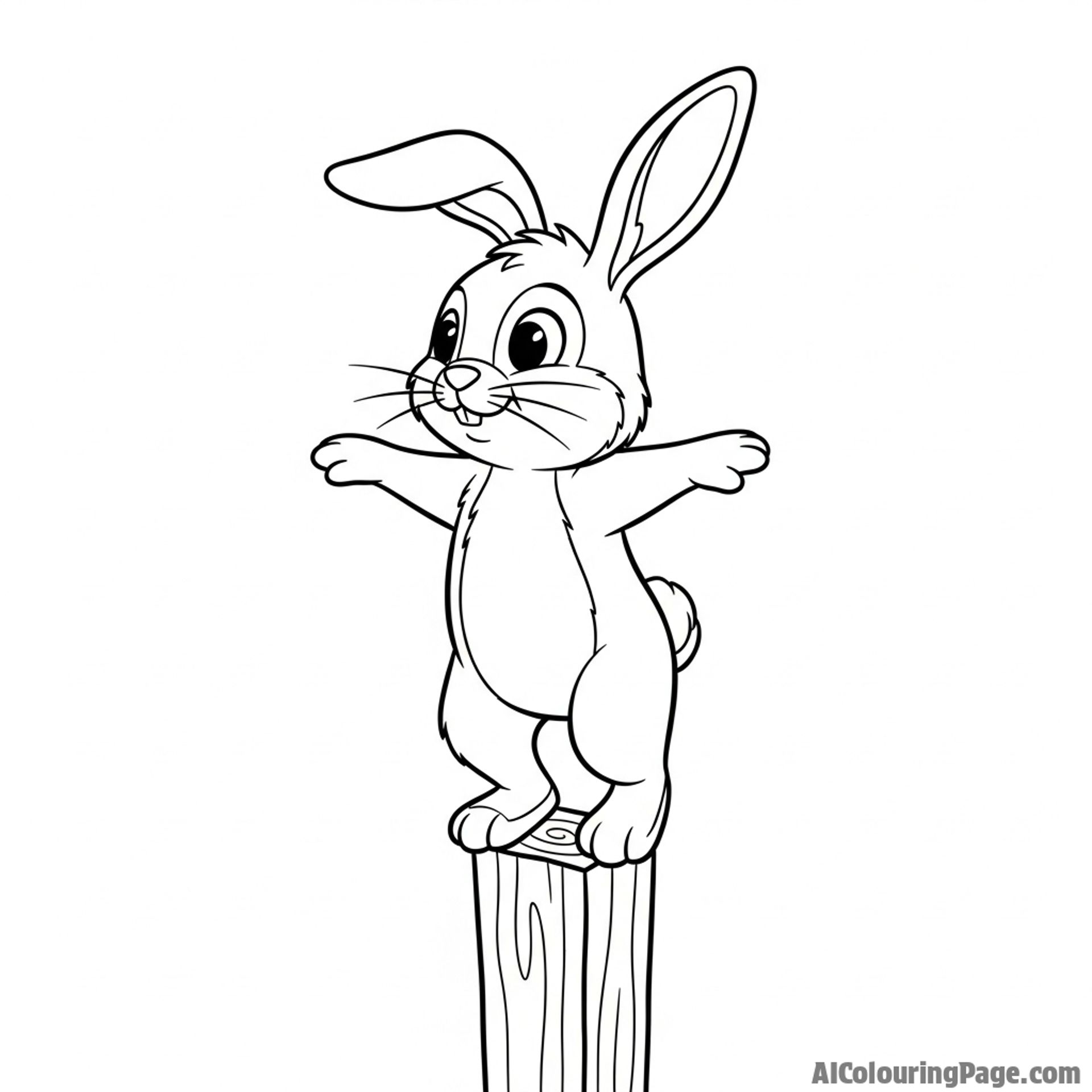 A rabbit balancing on a narrow fence post, surveying its surroundings.