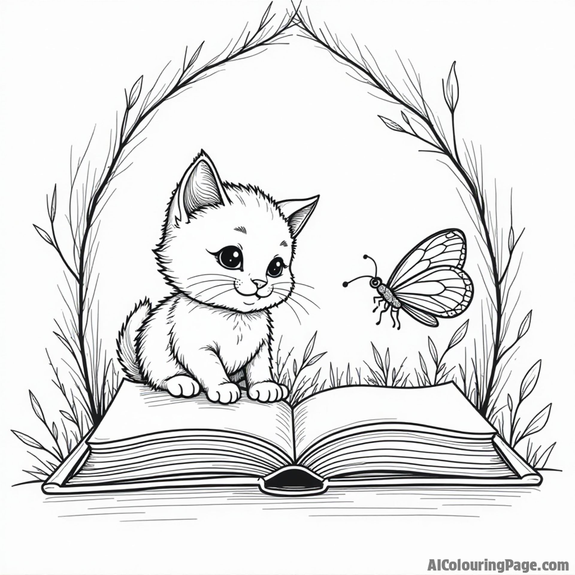 A butterfly resting on a book in a cozy reading nook, with a curious cat peeking out, ready for coloring.