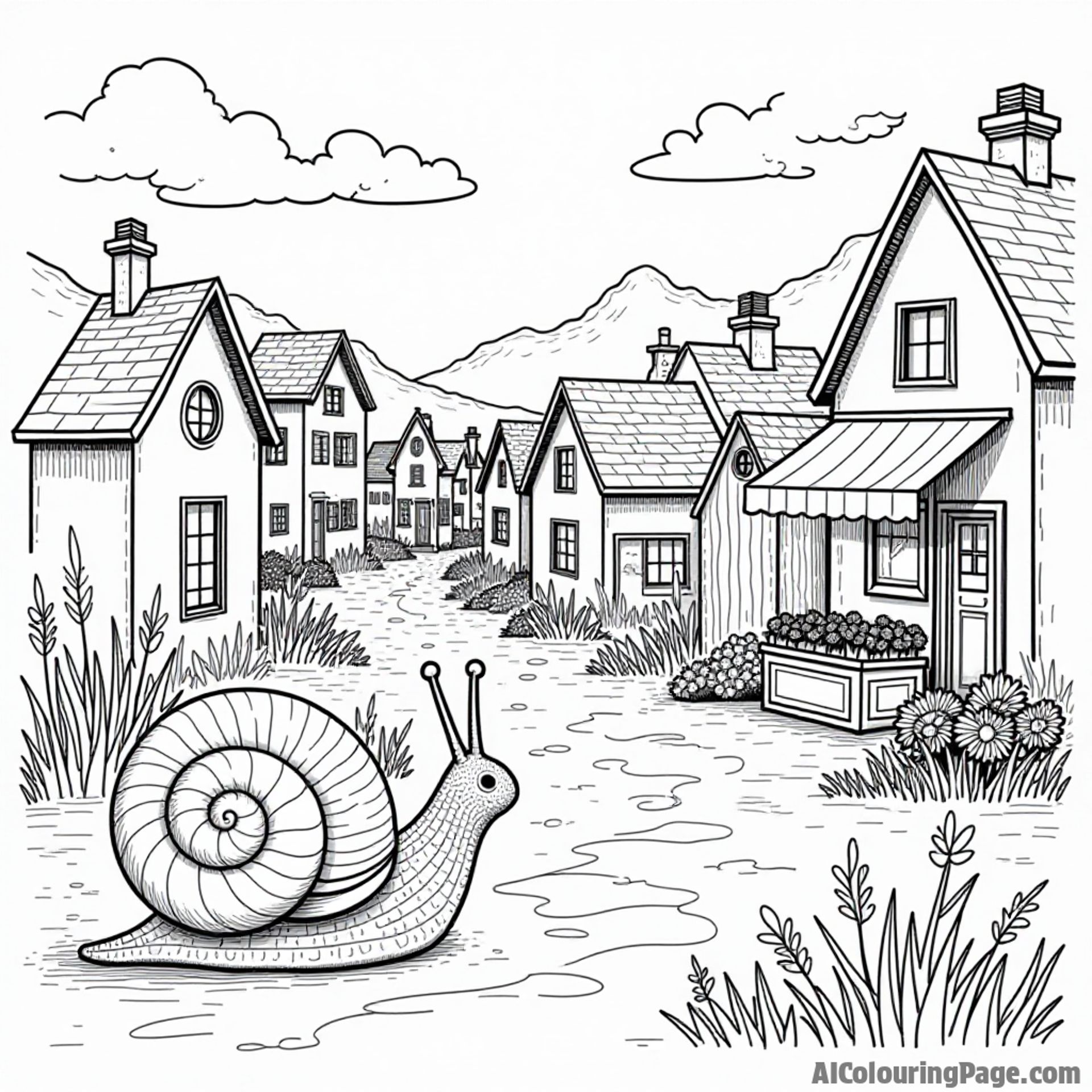 A snail exploring a quaint village, with tiny houses and a winding path leading to a colorful flower market.