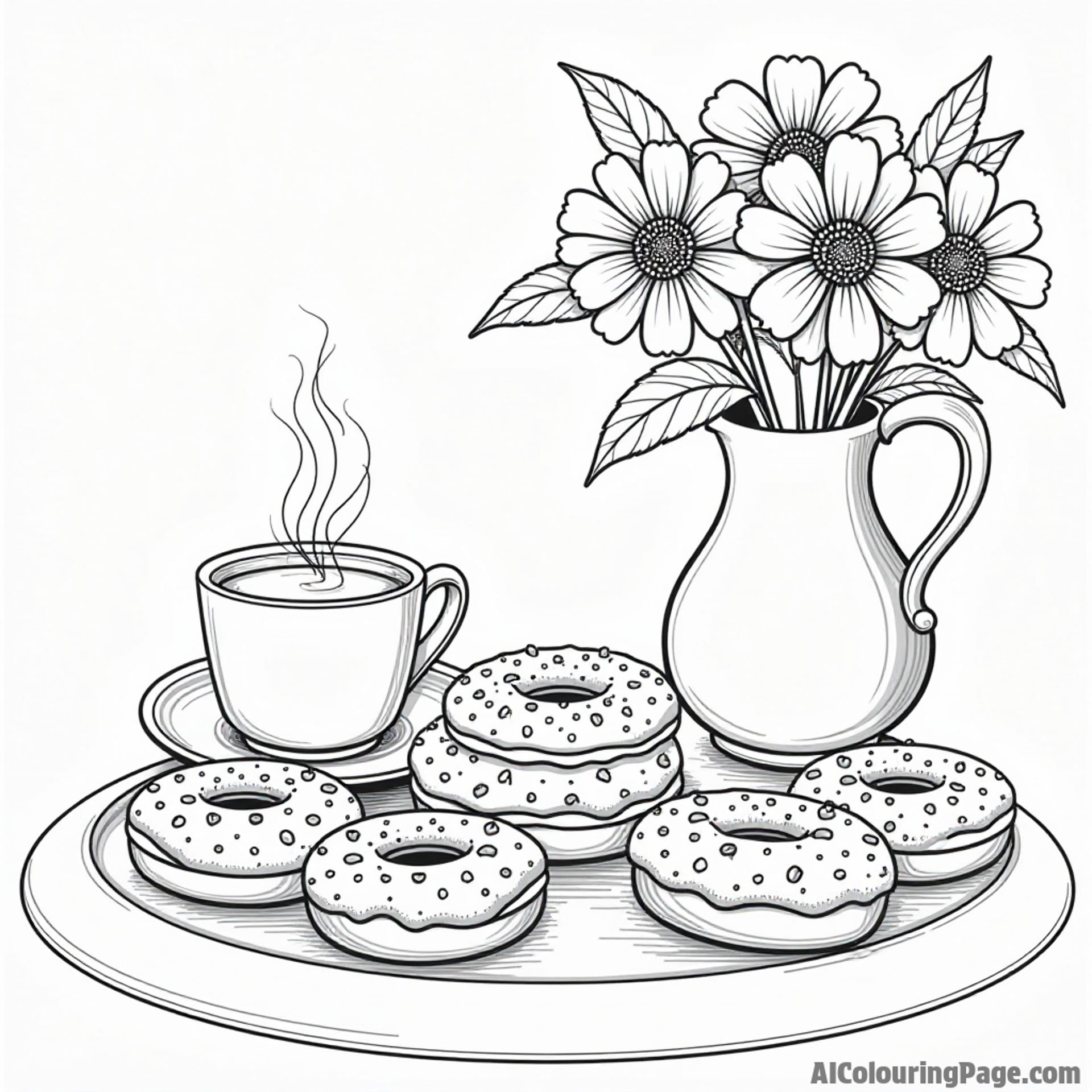 A cozy breakfast table set with various tasty donuts, a steaming cup of hot chocolate, and a vase of flowers.