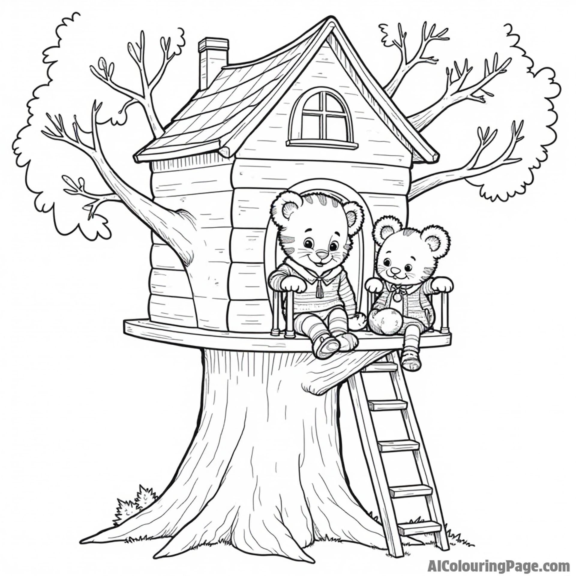 Daniel Tiger playing in a treehouse with his friends, surrounded by branches, leaves, and a rope ladder leading down.