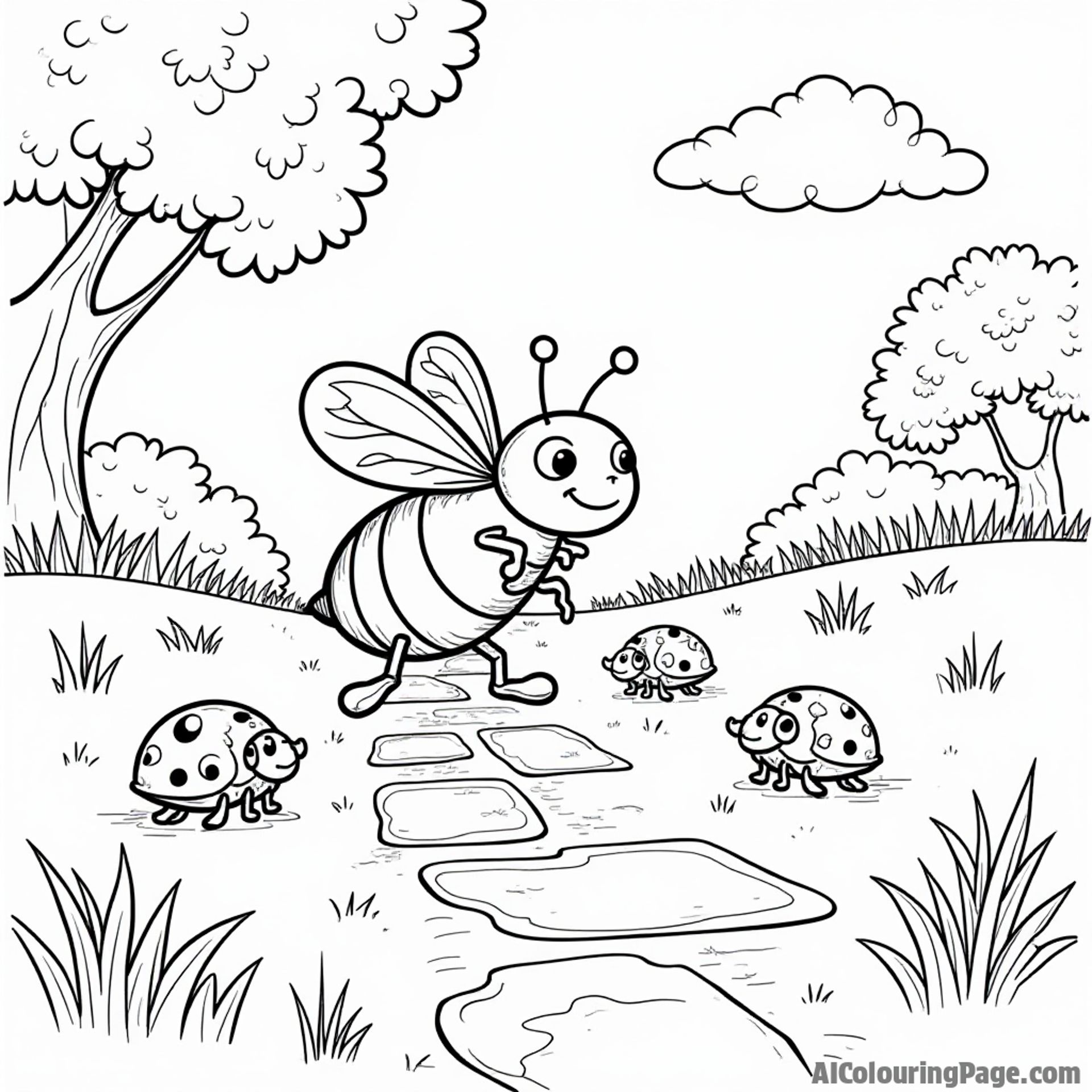 A bee playing hopscotch with ladybugs on a sidewalk made of leaves, under a bright blue sky filled with clouds.