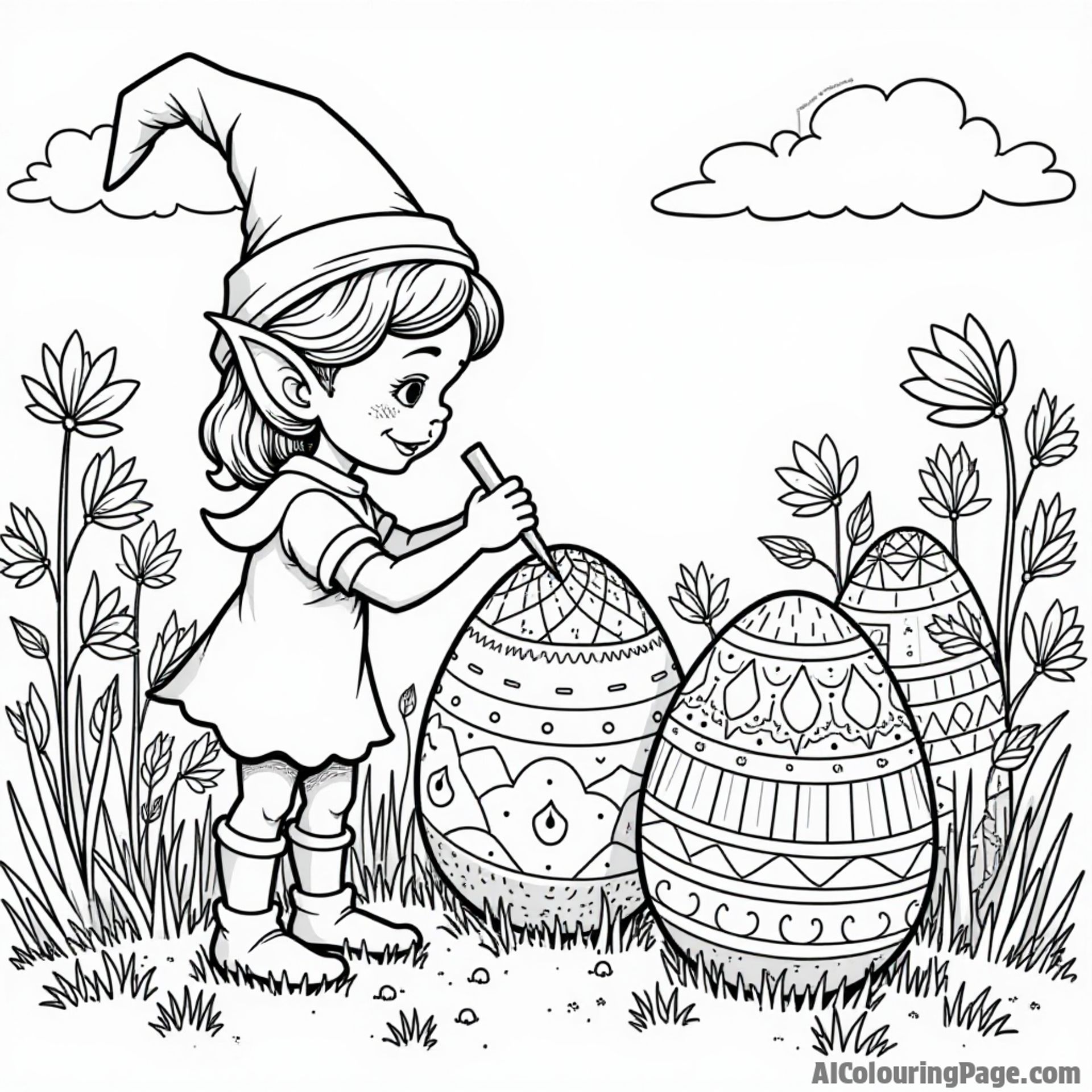 An elf painting colorful patterns on giant eggs, with a backdrop of blooming flowers and a clear sky, creating a festive scene for children to enjoy coloring in their own way.
