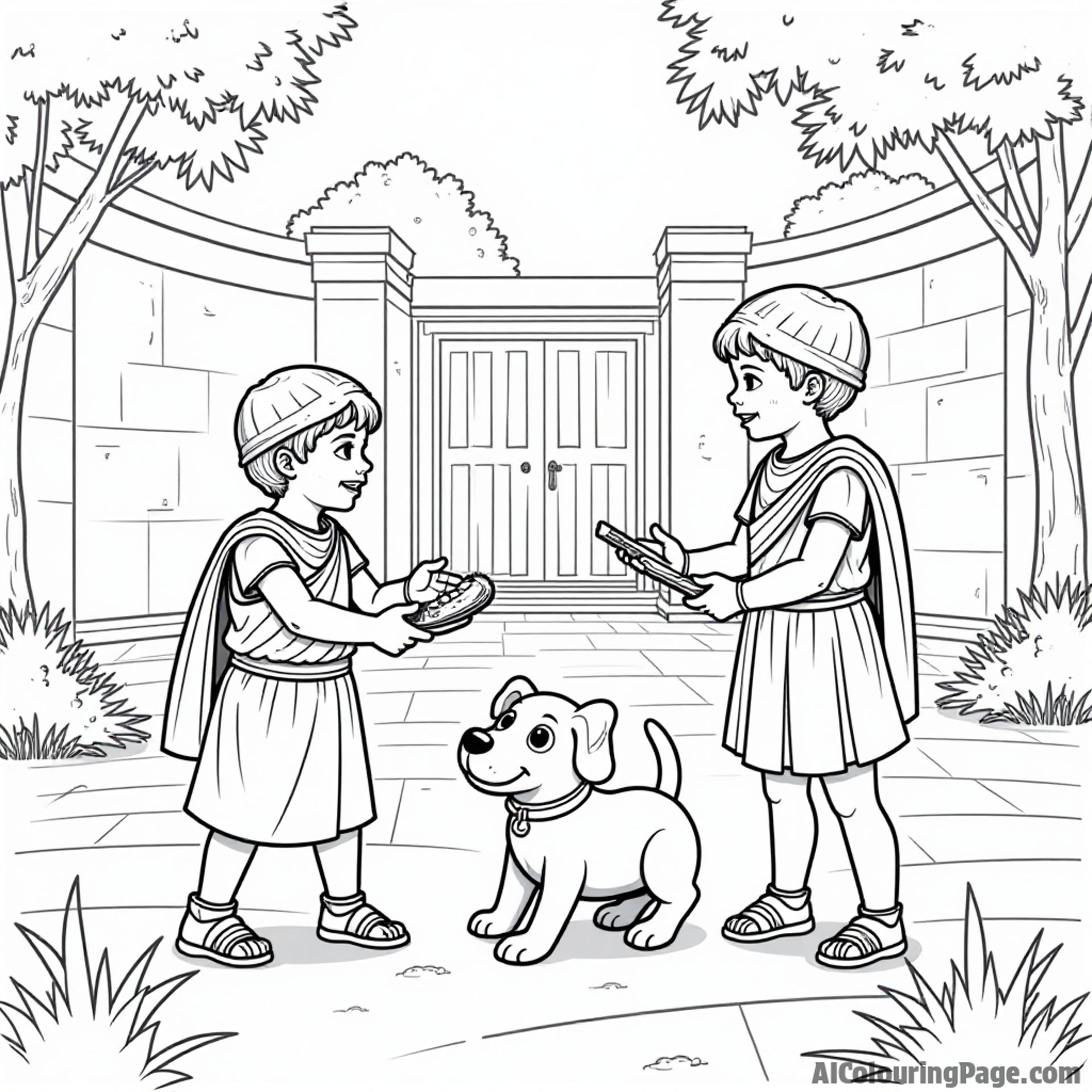 Two Roman children playing games in a courtyard, with a pet dog and toys, showcasing daily life in ancient Rome, inviting kids to explore their creativity through coloring.