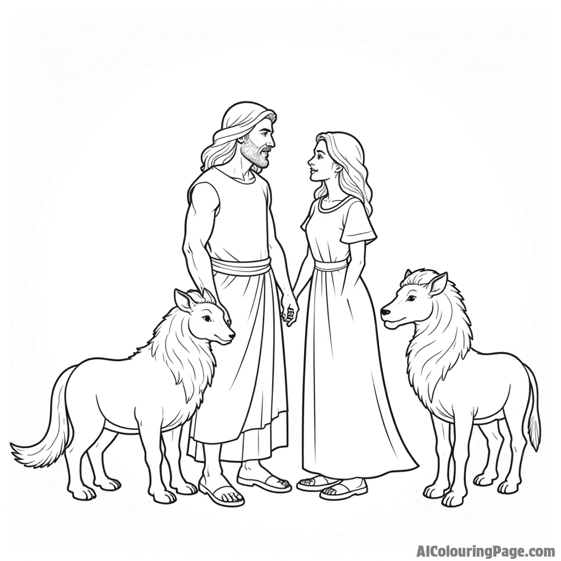 A family of animals gathering around Adam and Eve