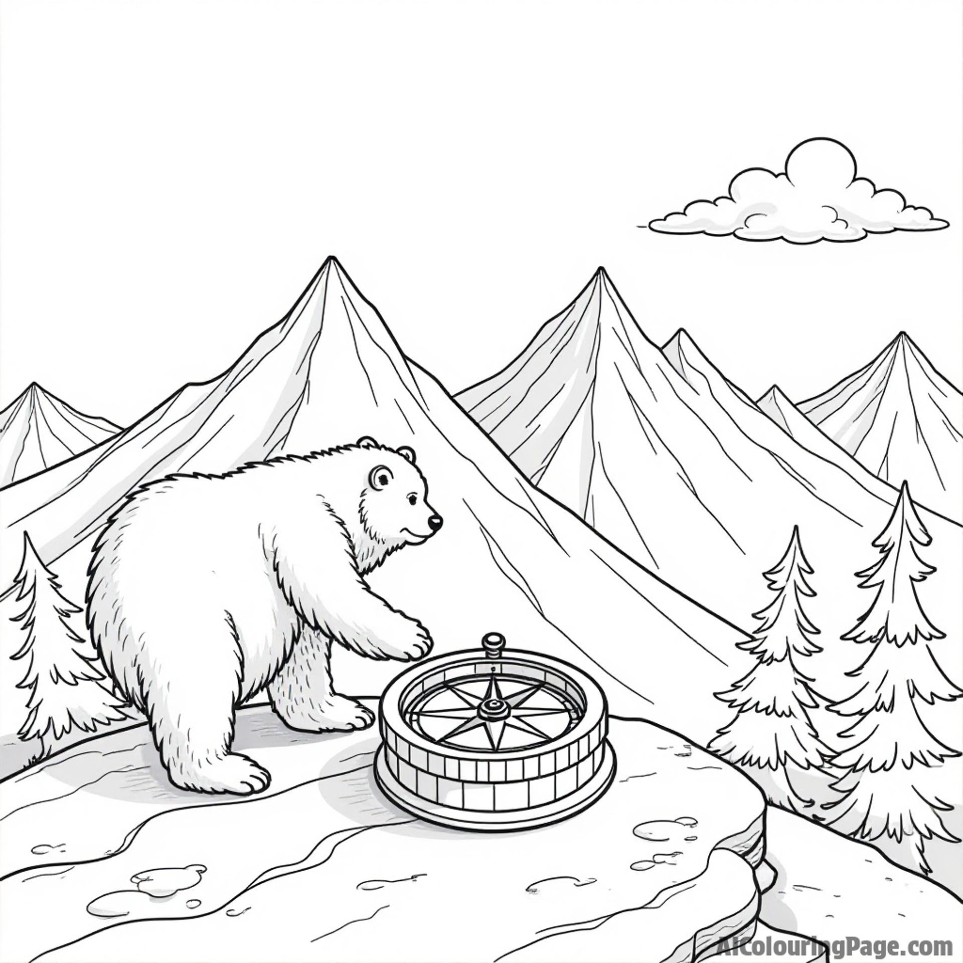 A scenic view of a compass on a mountain peak, with a curious bear and a gentle breeze, inviting young artists to color their adventurous journey in nature.