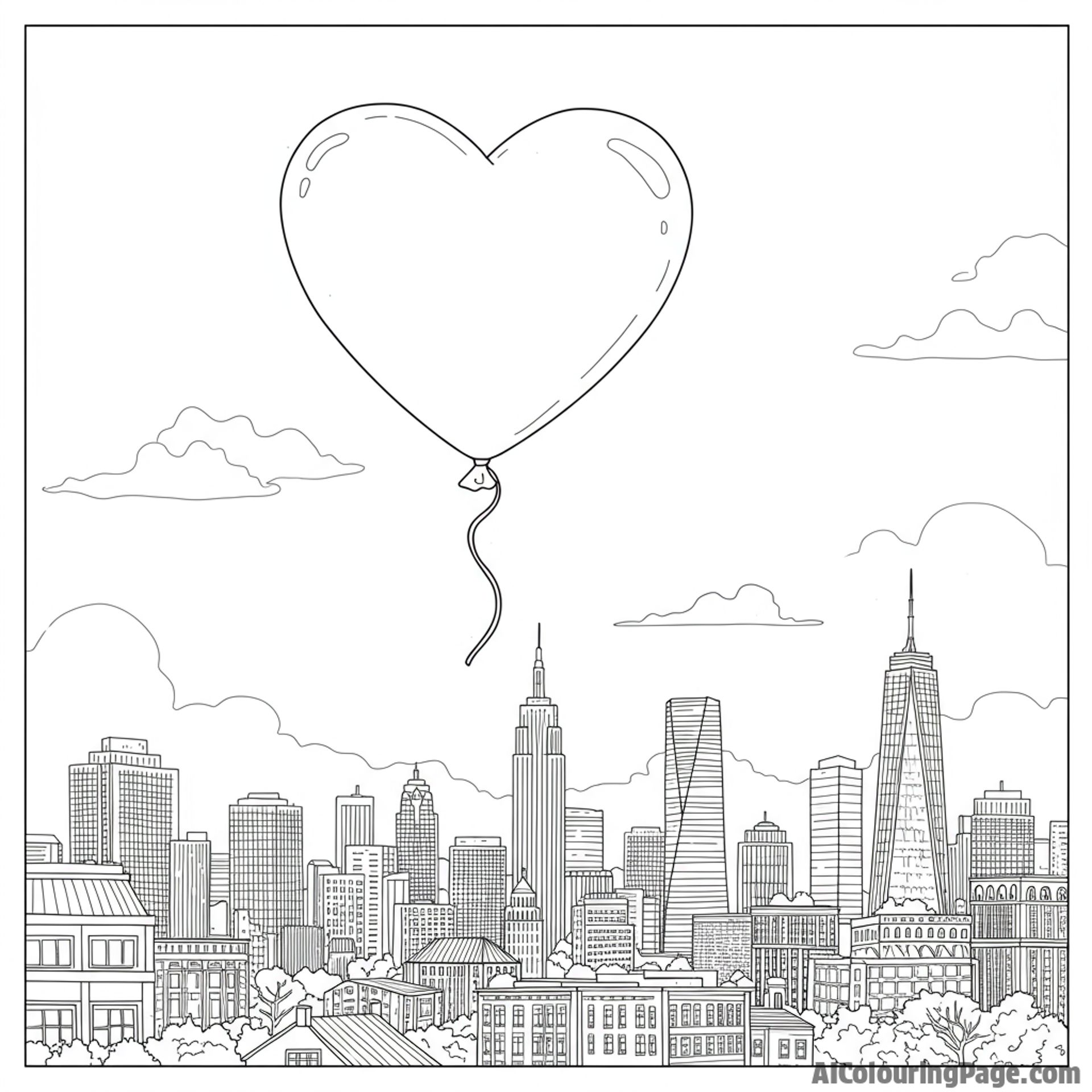 A heart-shaped balloon floating above a cityscape at dusk.