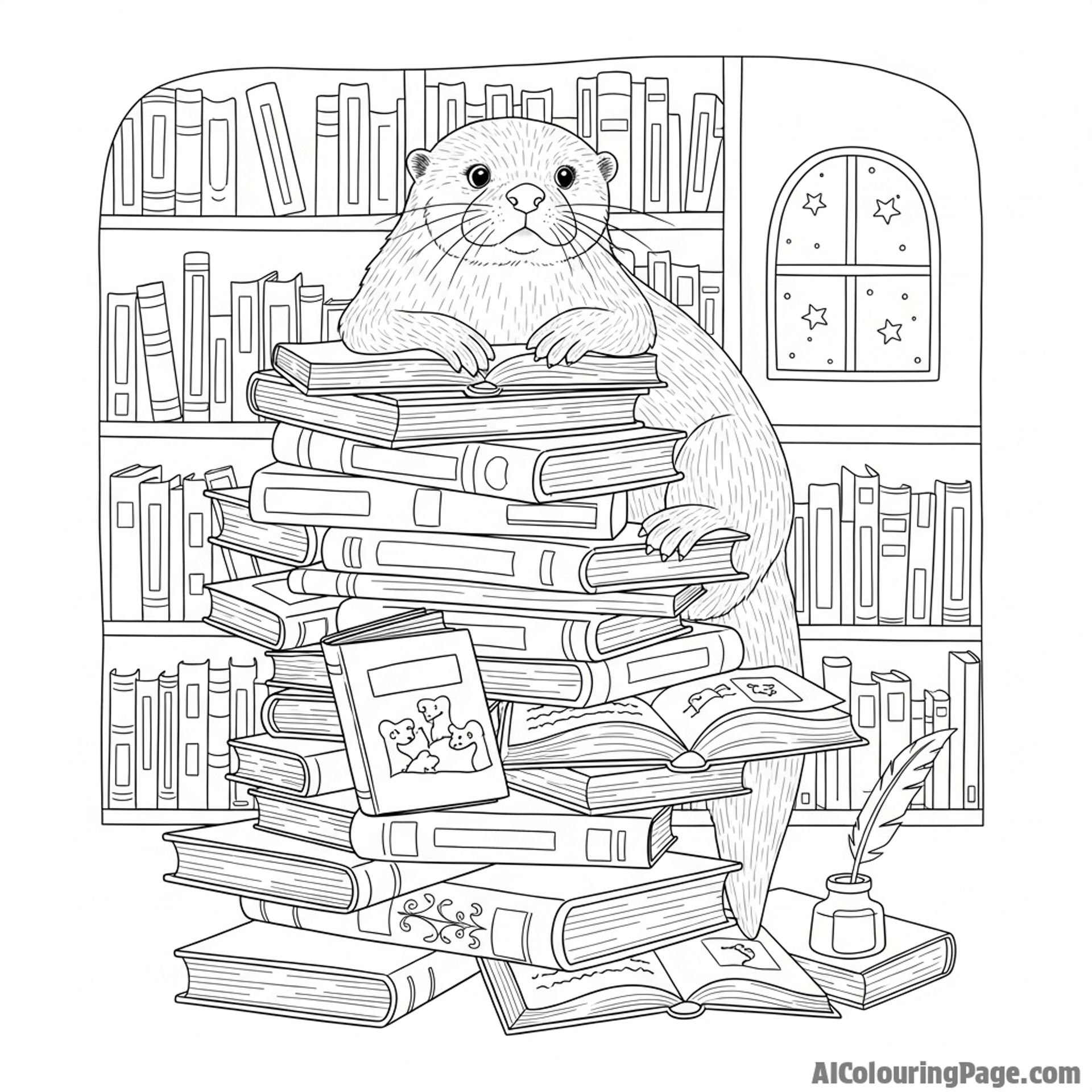 A whimsical illustration of an otter in a library, perched on a stack of books.