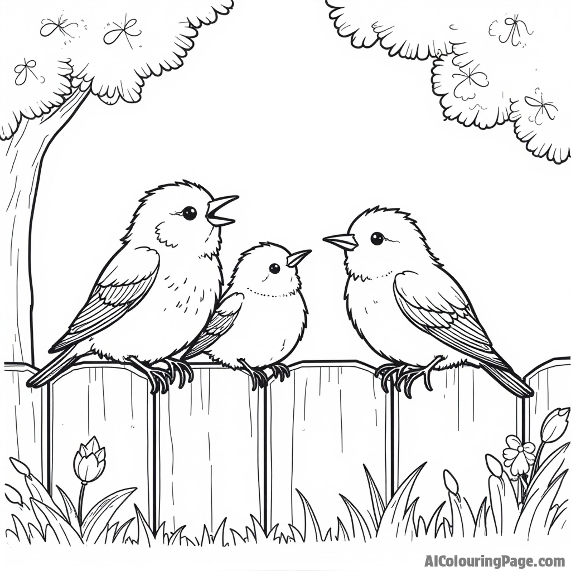 A family of robins sitting together on a fence post with a garden backdrop, ideal for children to color and enjoy.