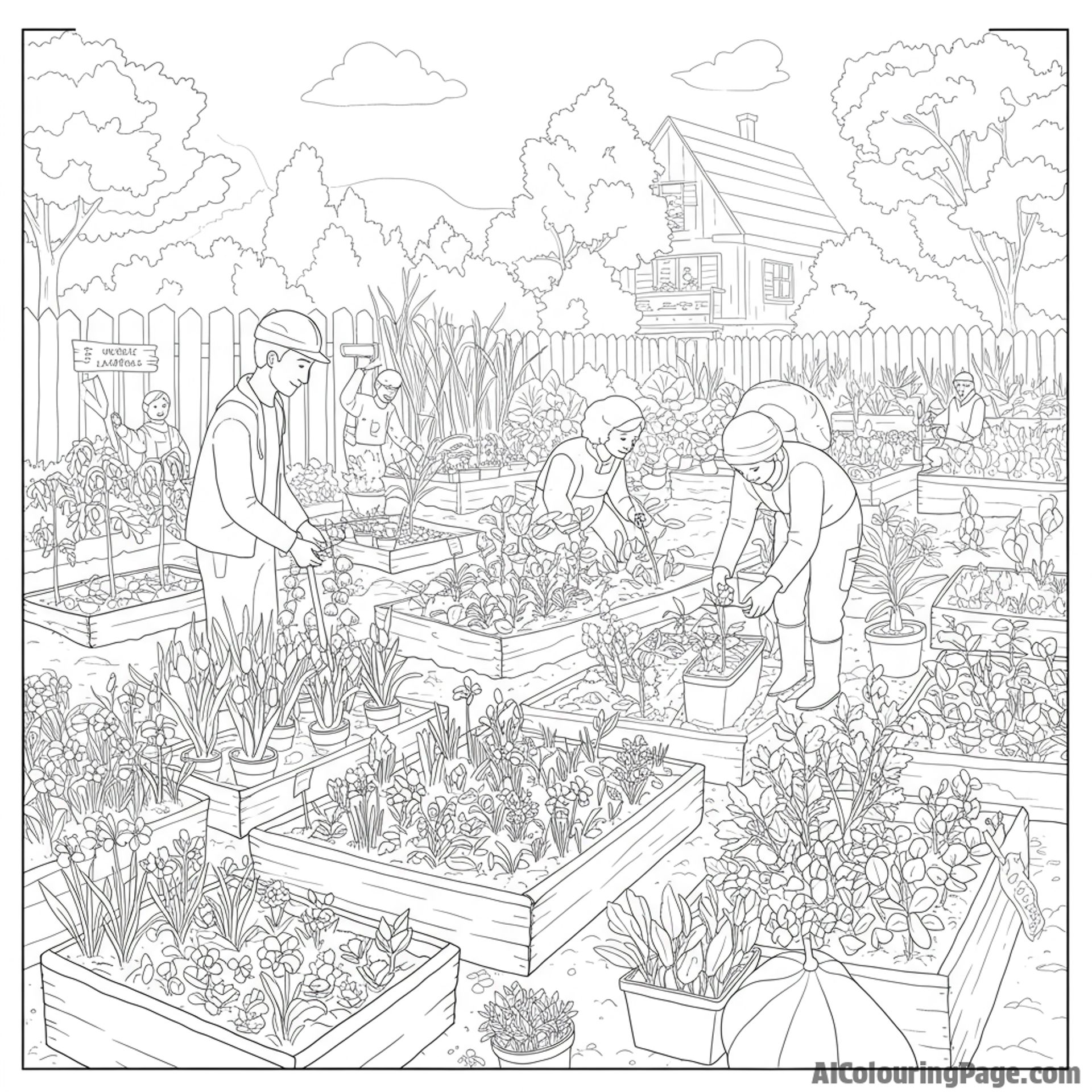 A community garden flourishing, people tending to plants.