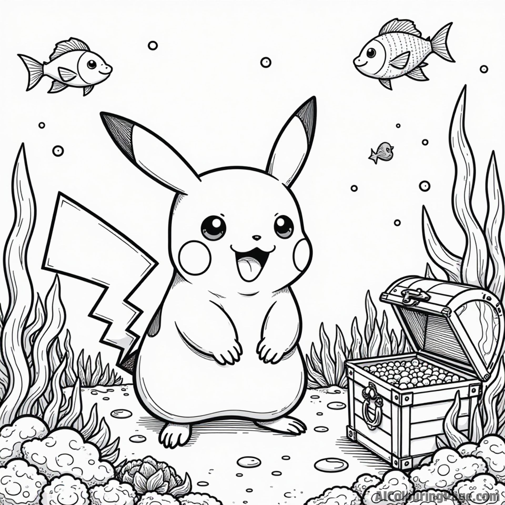 Pikachu exploring an underwater scene with fish, coral, and treasure chests in the ocean