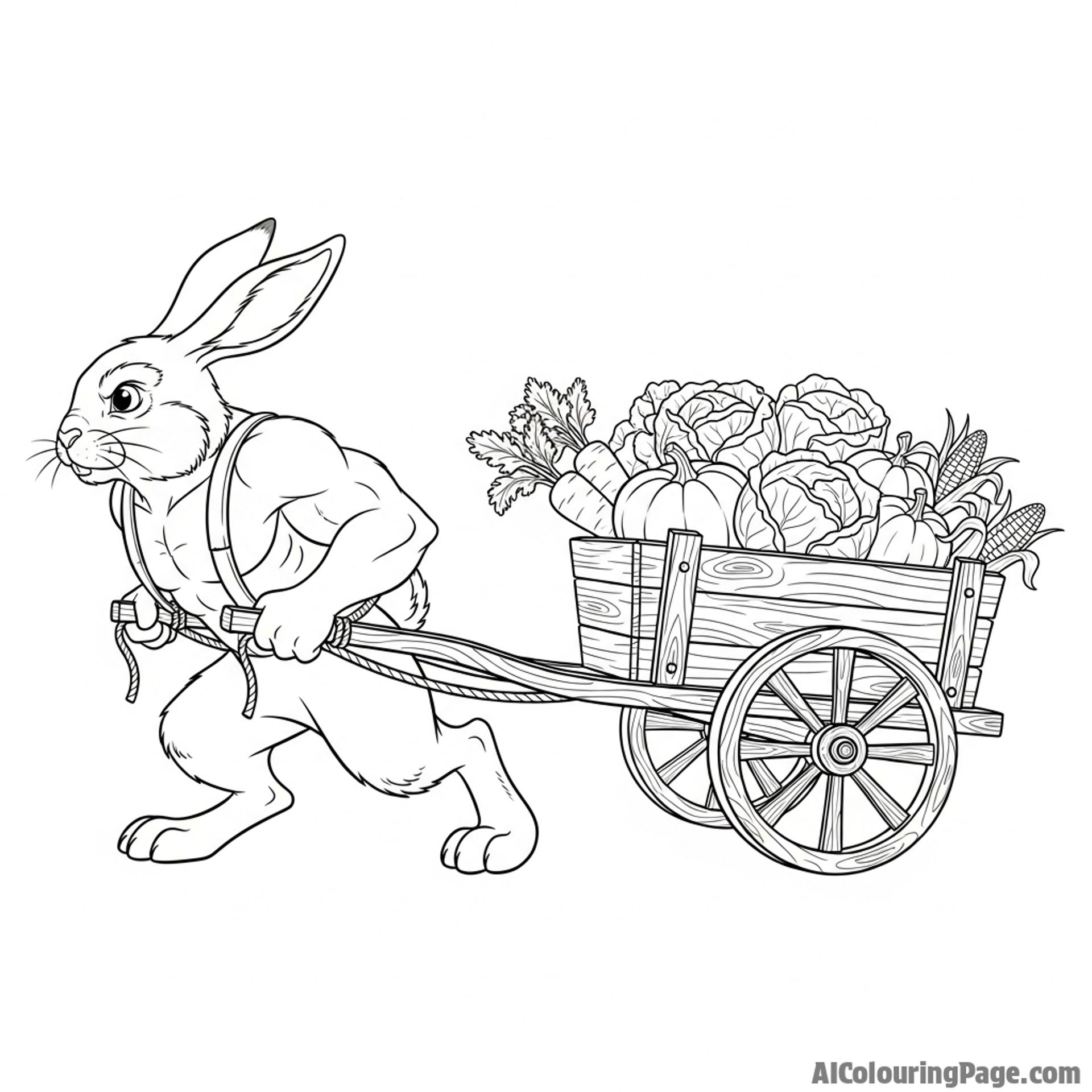 A powerful bunny pulling a small, rustic cart filled with garden vegetables.