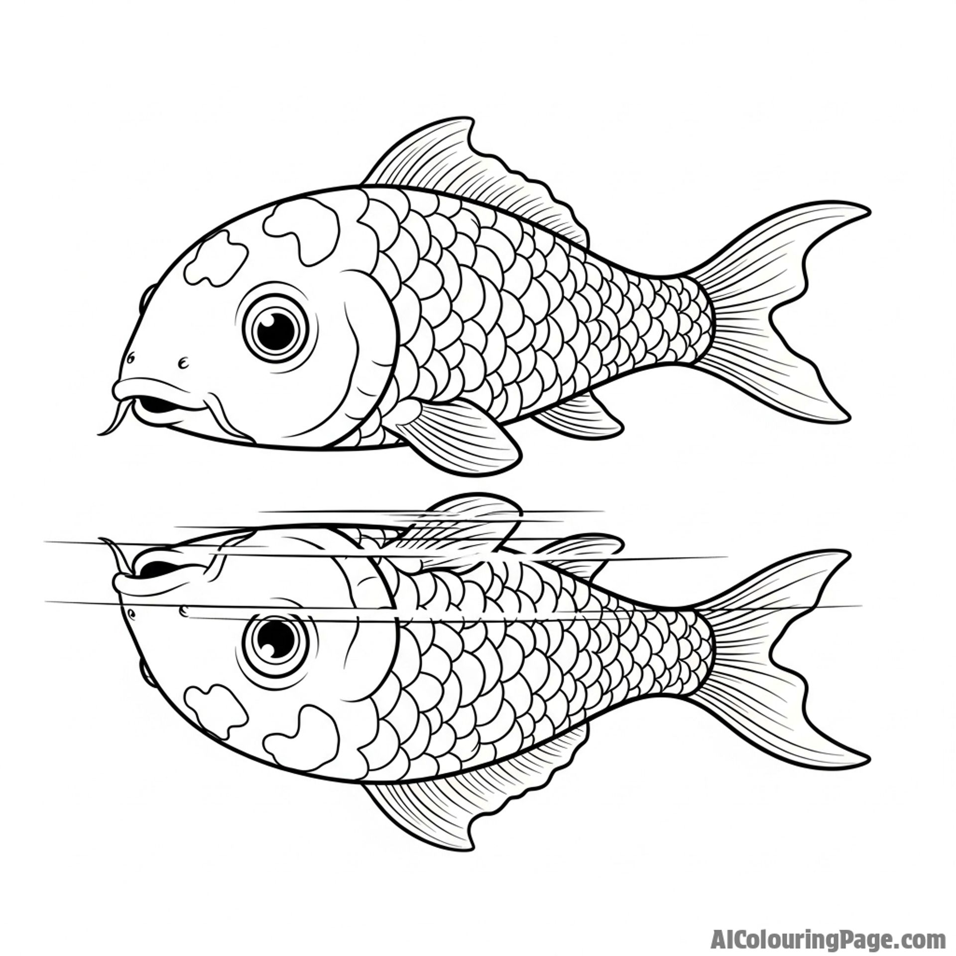 A koi’s perfect, undistorted reflection on the mirror-like surface of calm water.