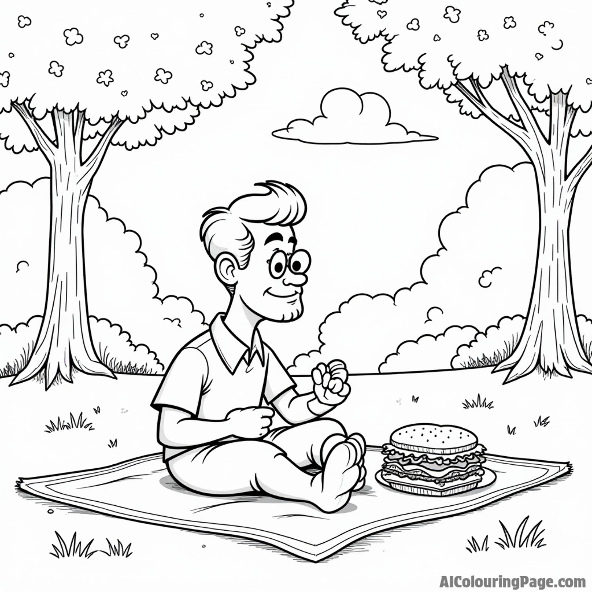 Johnny Bravo having a picnic in the park with sandwiches and a blanket