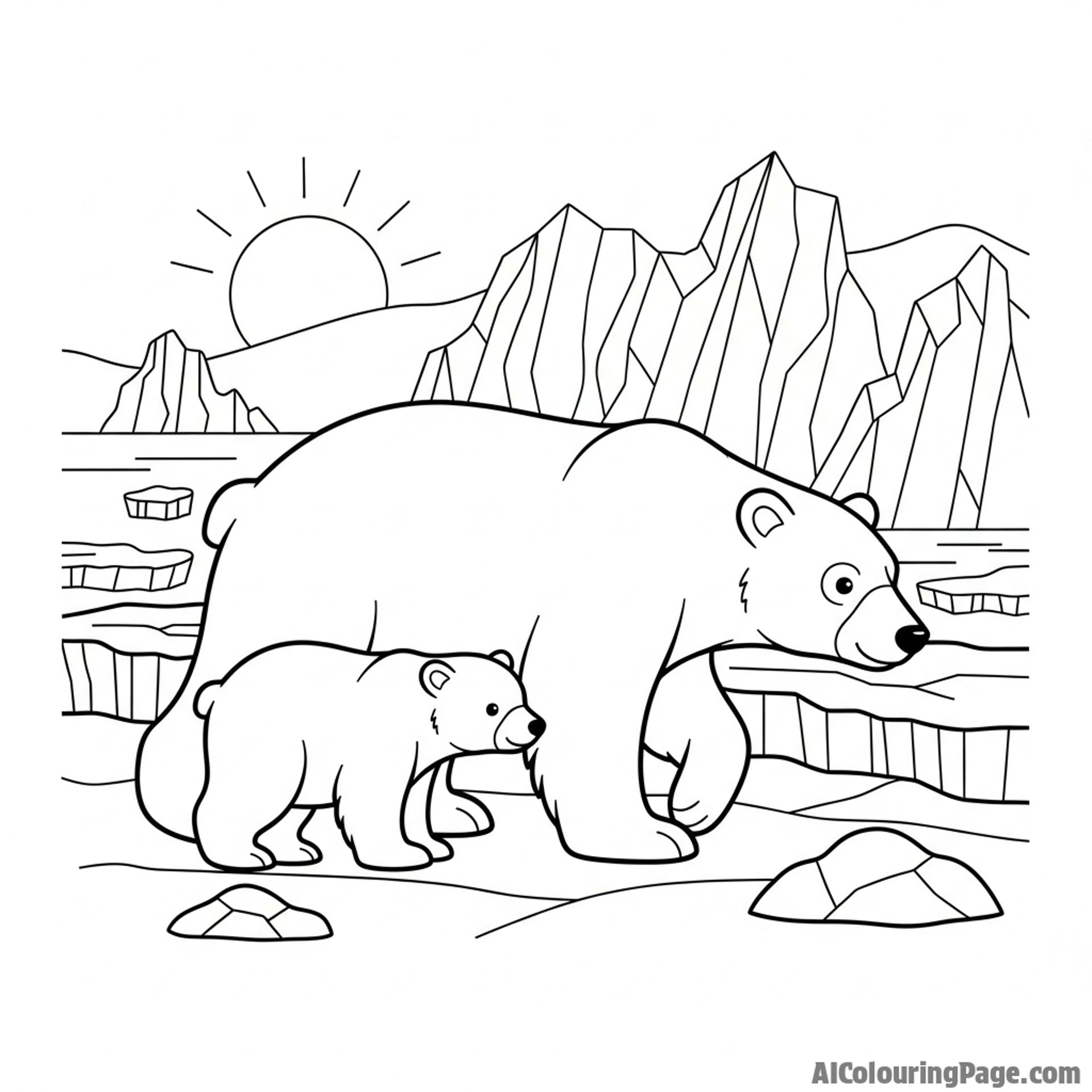 A polar bear and its cub navigating a stark, icy landscape