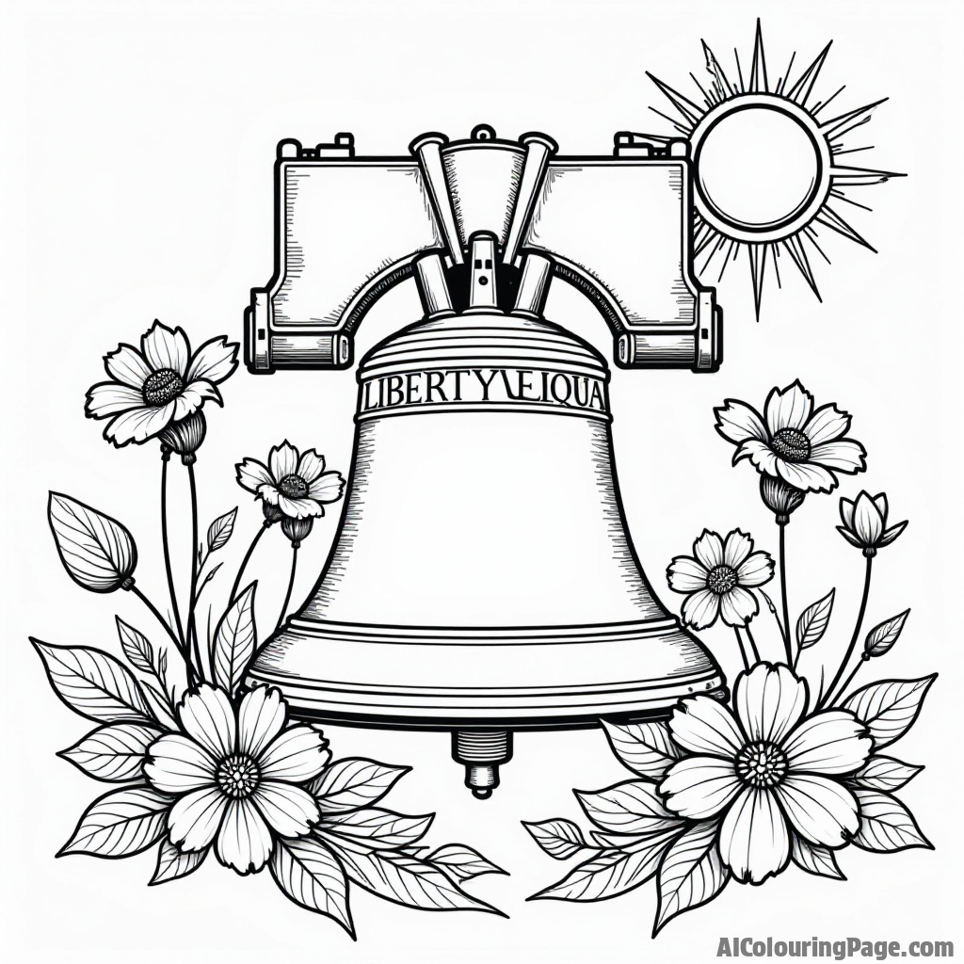 An outline of the Liberty Bell surrounded by blooming flowers and a cheerful sun, representing Pennsylvania and American heritage.