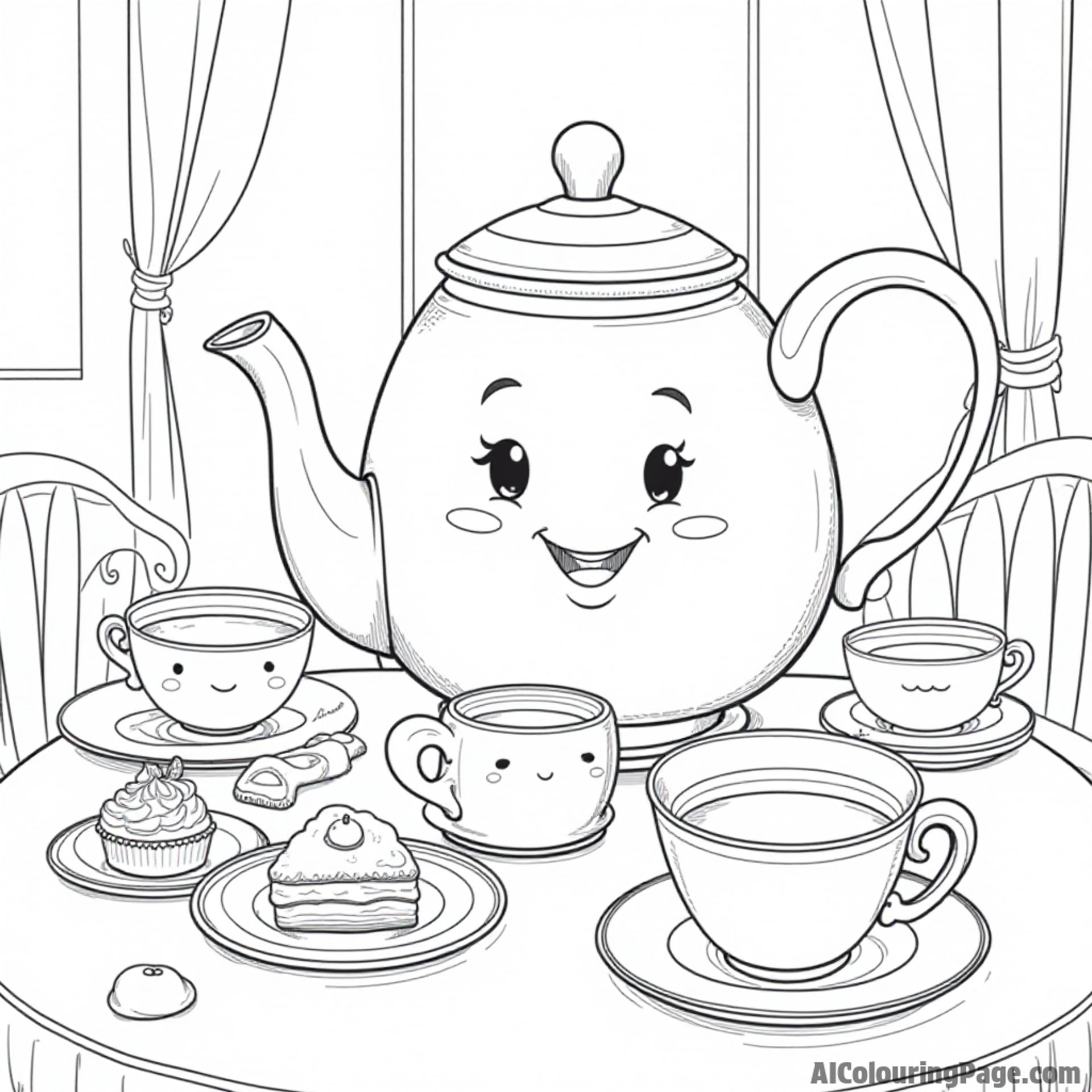 A cozy tea party with a happy teapot character, playful tea cups, and cheerful pastries on a beautifully set table.