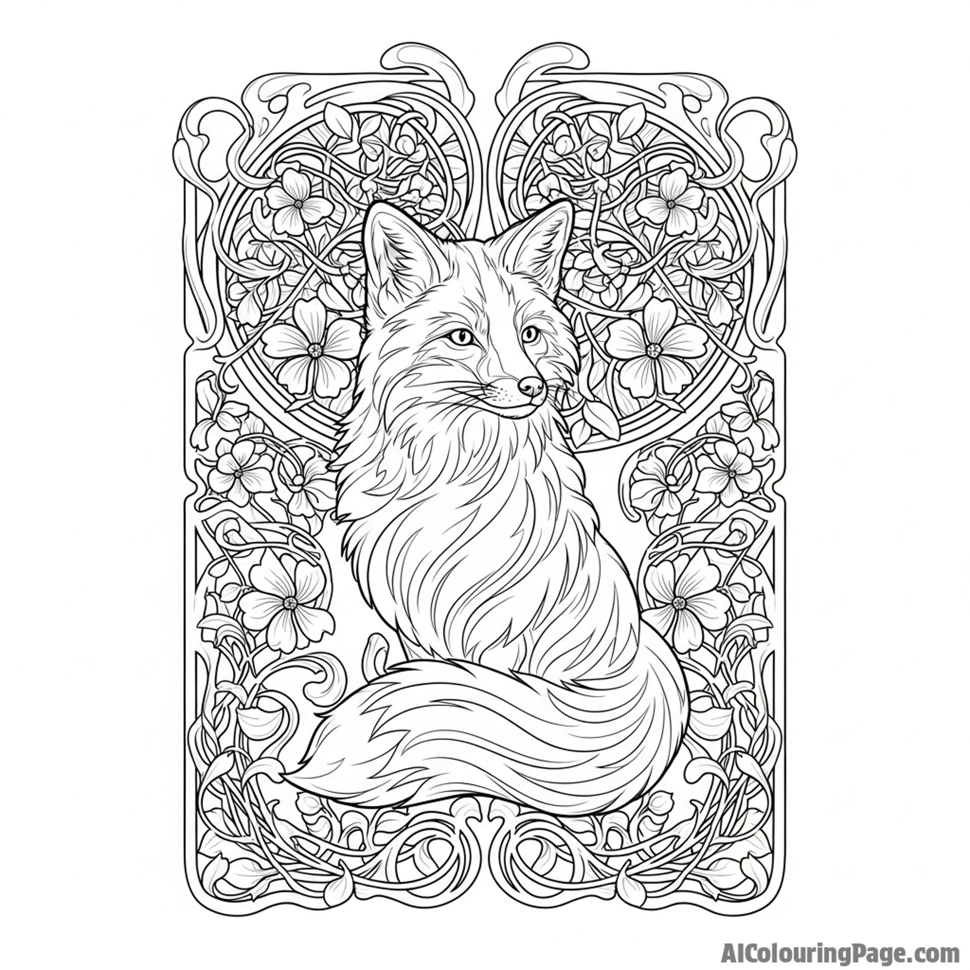 An Art Nouveau illustration of a fox framed by intricate, swirling botanical patterns.