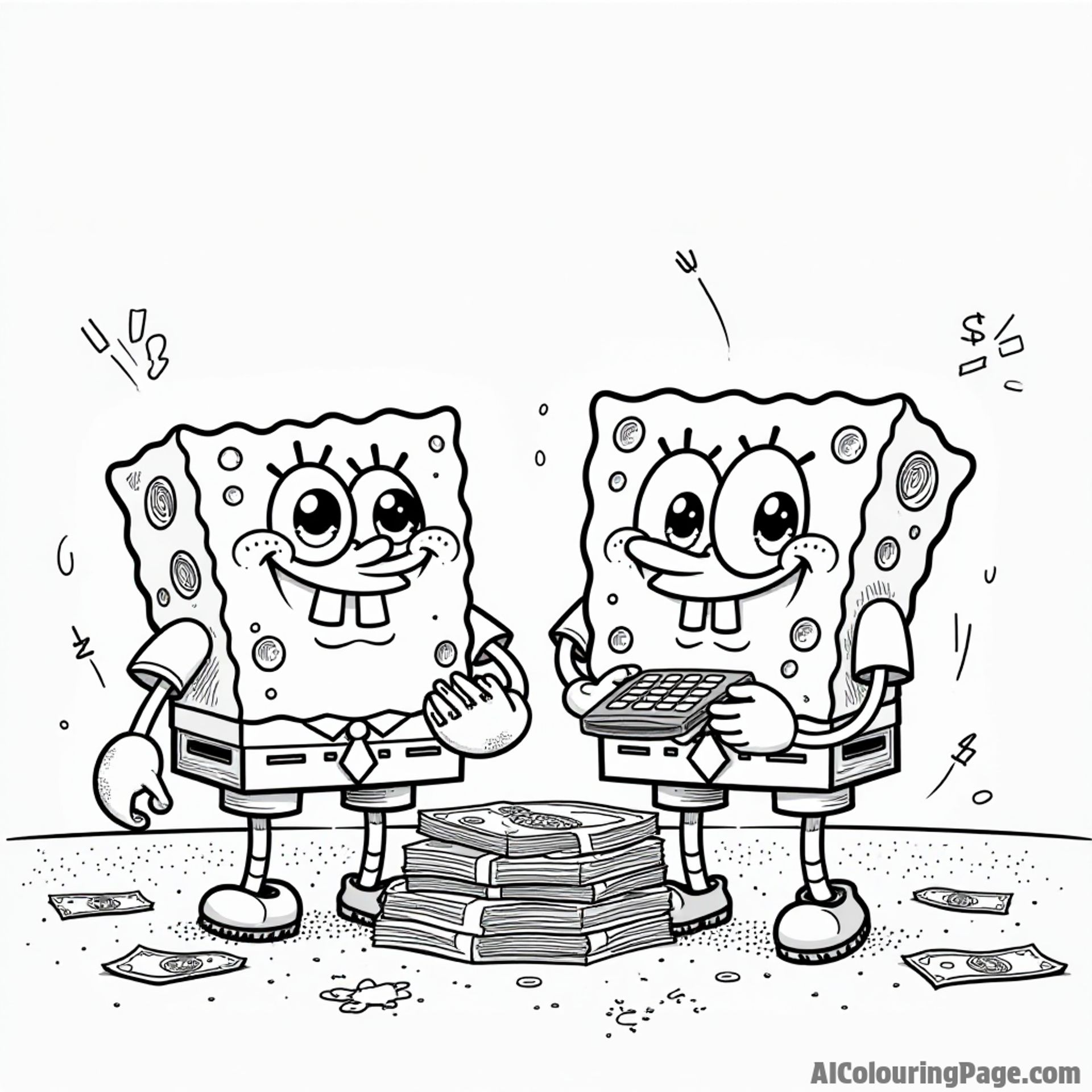 Mr. Krabs and SpongeBob counting the day's earnings with a huge stack of money, calculators, and a big smile