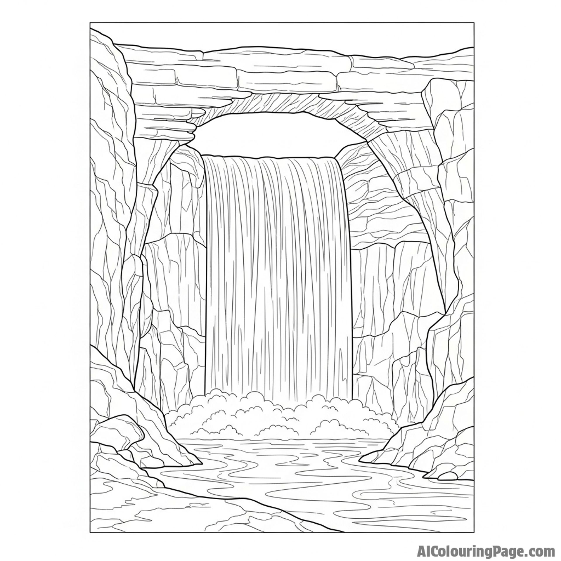 A waterfall framed by a natural stone arch.
