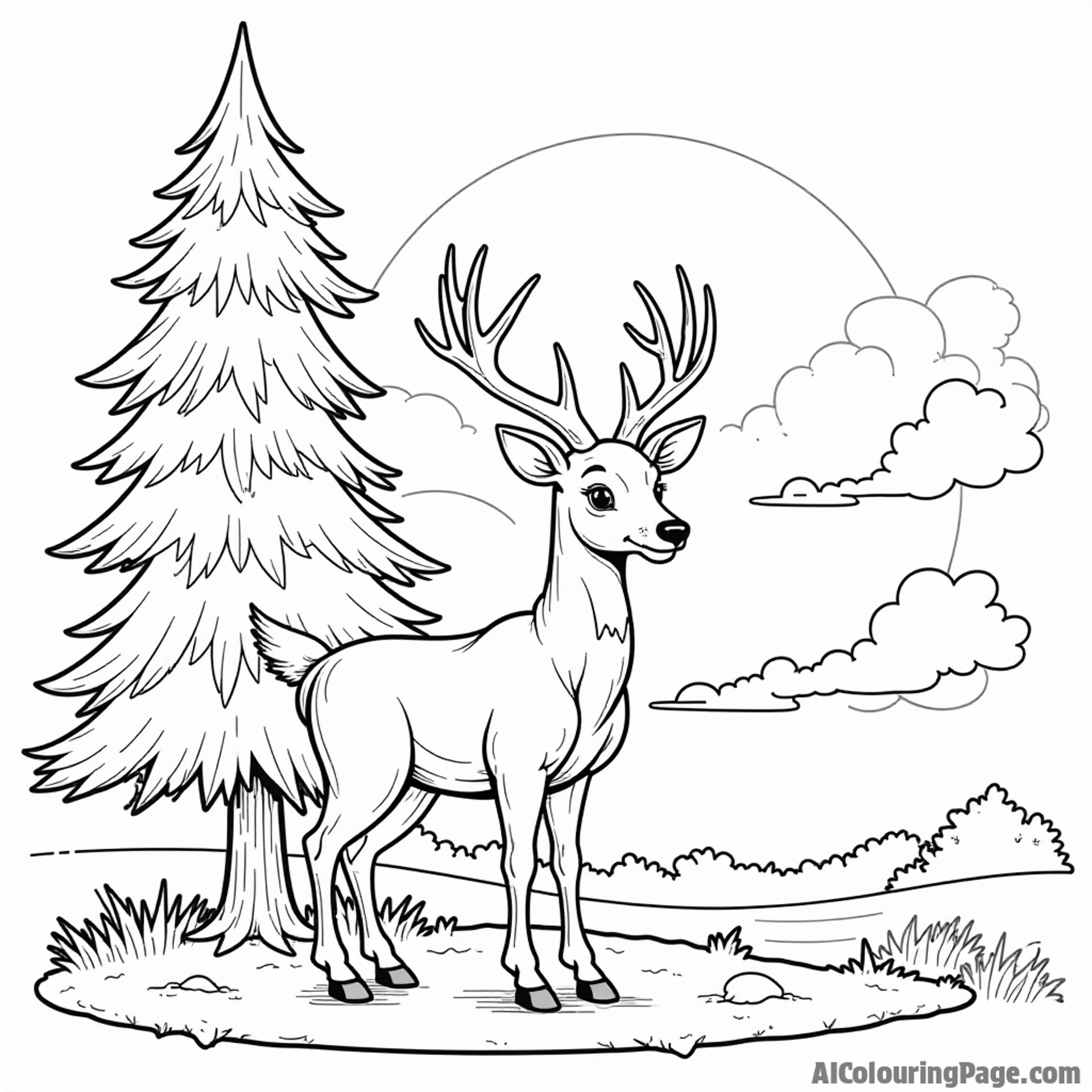 A friendly Michigan deer standing beside a majestic tall pine tree with a sunset sky background for children to color.