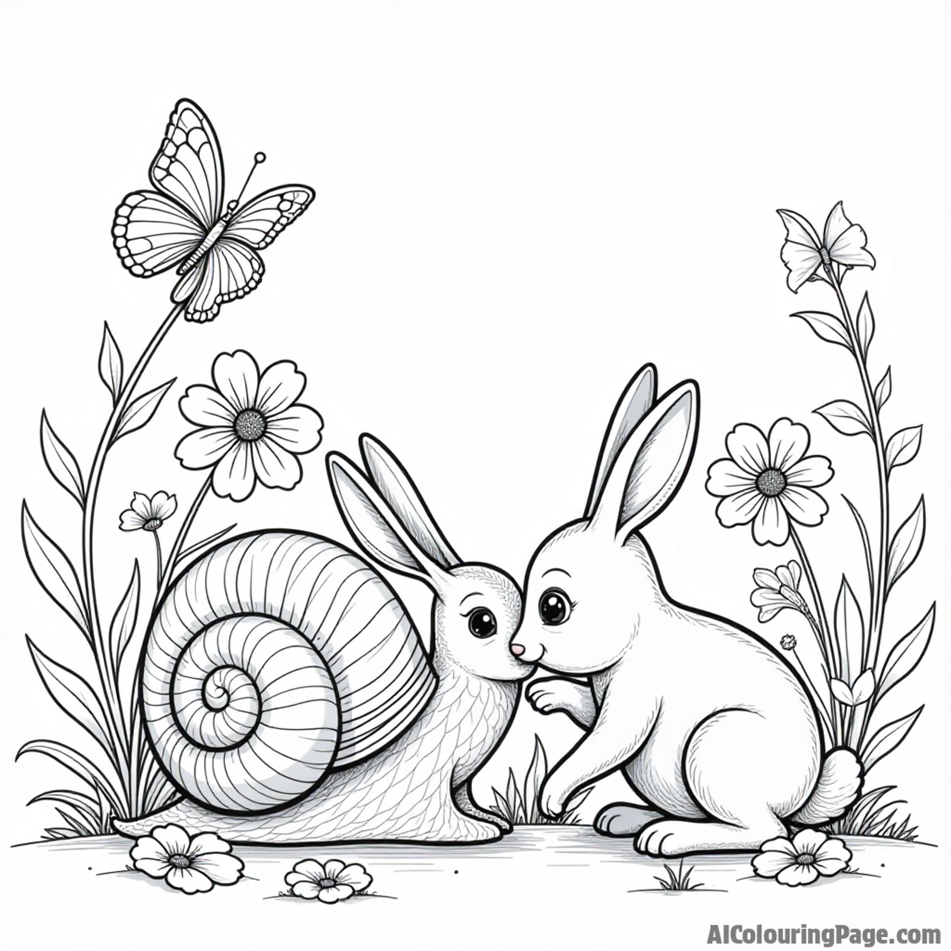 A snail playing hide and seek with a rabbit, with blooming flowers and cheerful butterflies flitting about.