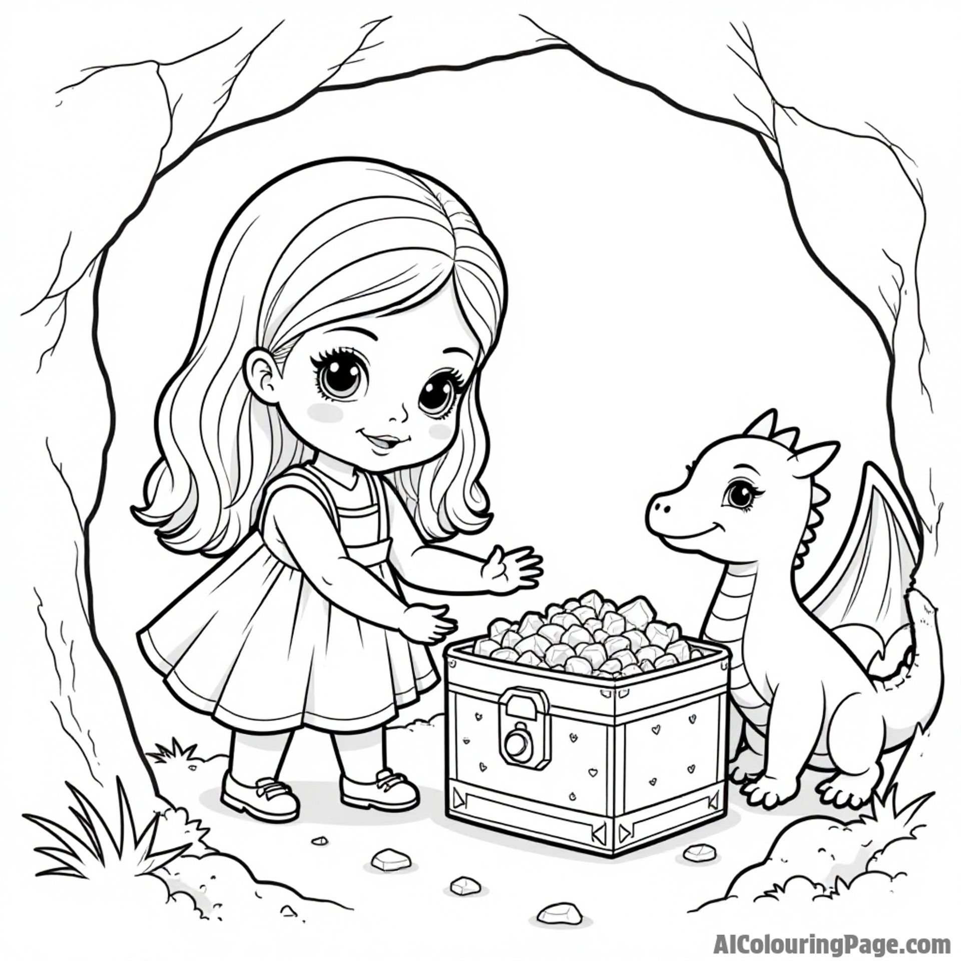 A doll discovering a hidden treasure in a cave, with sparkling gems and a friendly dragon peeking from the shadows.
