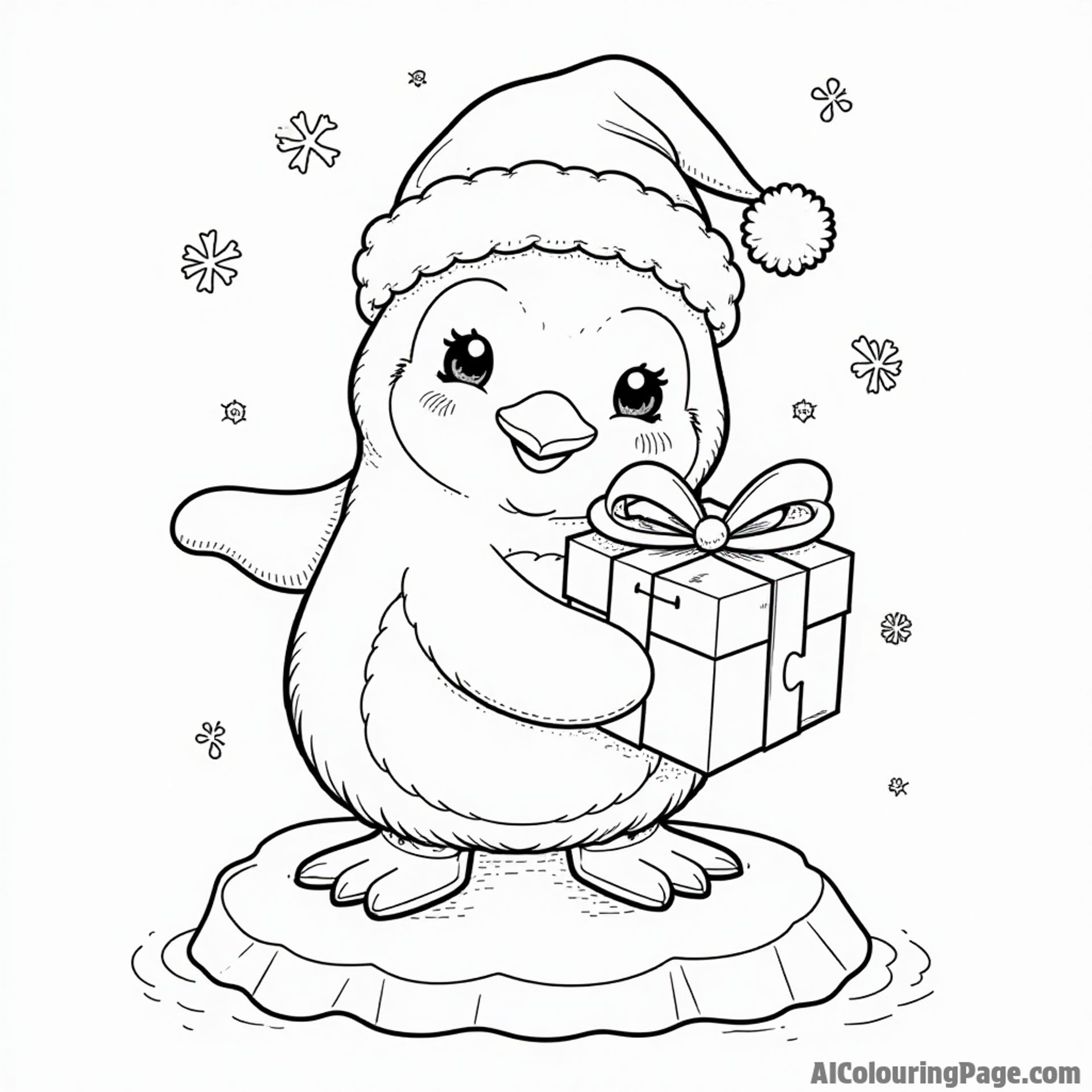A cute penguin wearing a Santa hat, holding a gift, standing on an iceberg with snowflakes gently falling around.