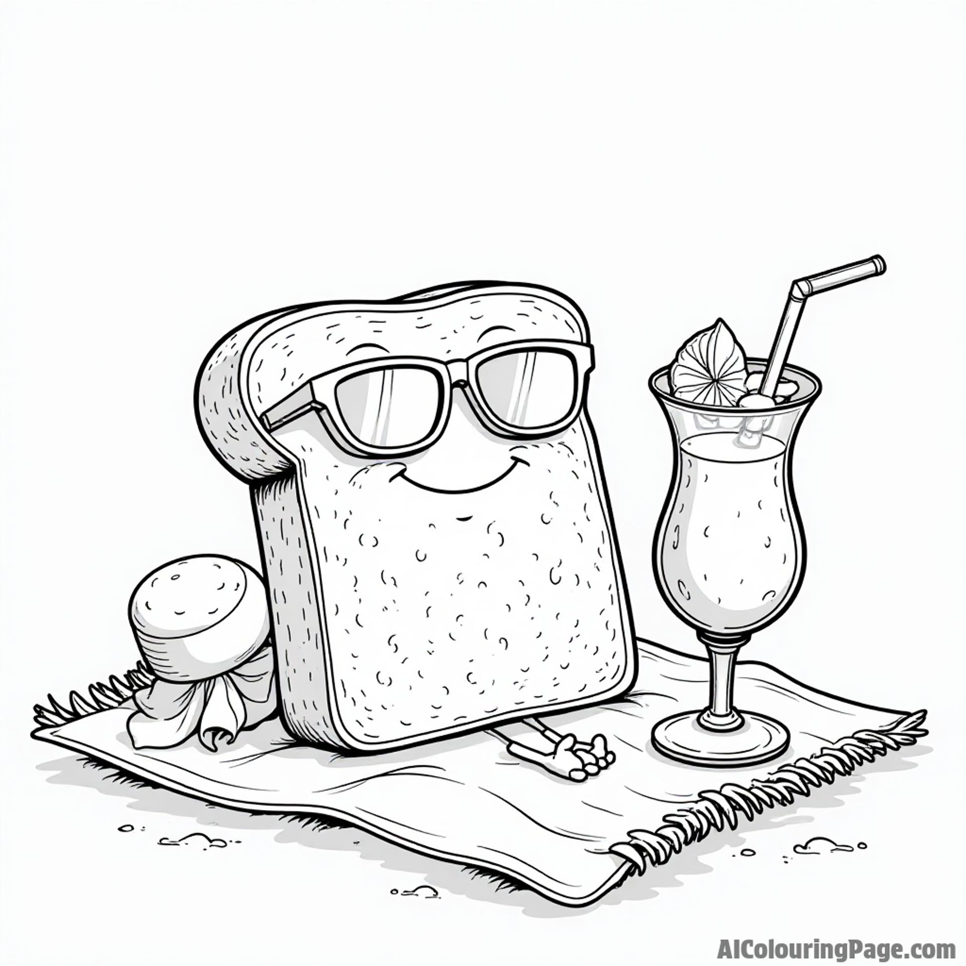 A slice of bread wearing sunglasses, relaxing on a beach towel with a tropical drink and a sun hat nearby.